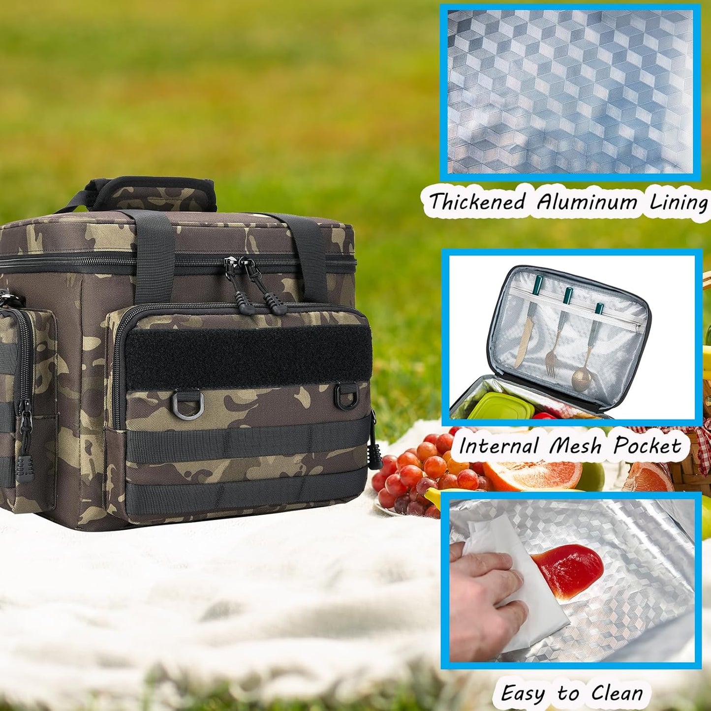 Tactical Lunch Bag for Men, Large Leakproof Insulated Lunch Box, Lunch Cooler Bag with Shoulder Strap, Lunch Pail for Adults Work Outdoor Picnic Trips, Black Camo