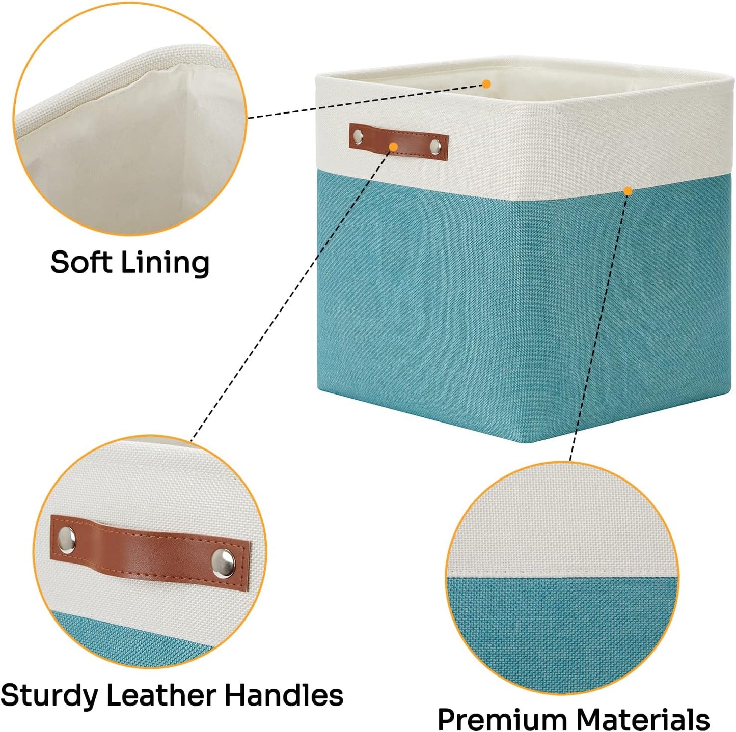 DULLEMELO Storage Baskets for Shelves, Fabric Collapsible Rectangular Storage Bins for Shelves, Closets, Nursery, Home, Office, Empty Gift Baskets (White&Teal)