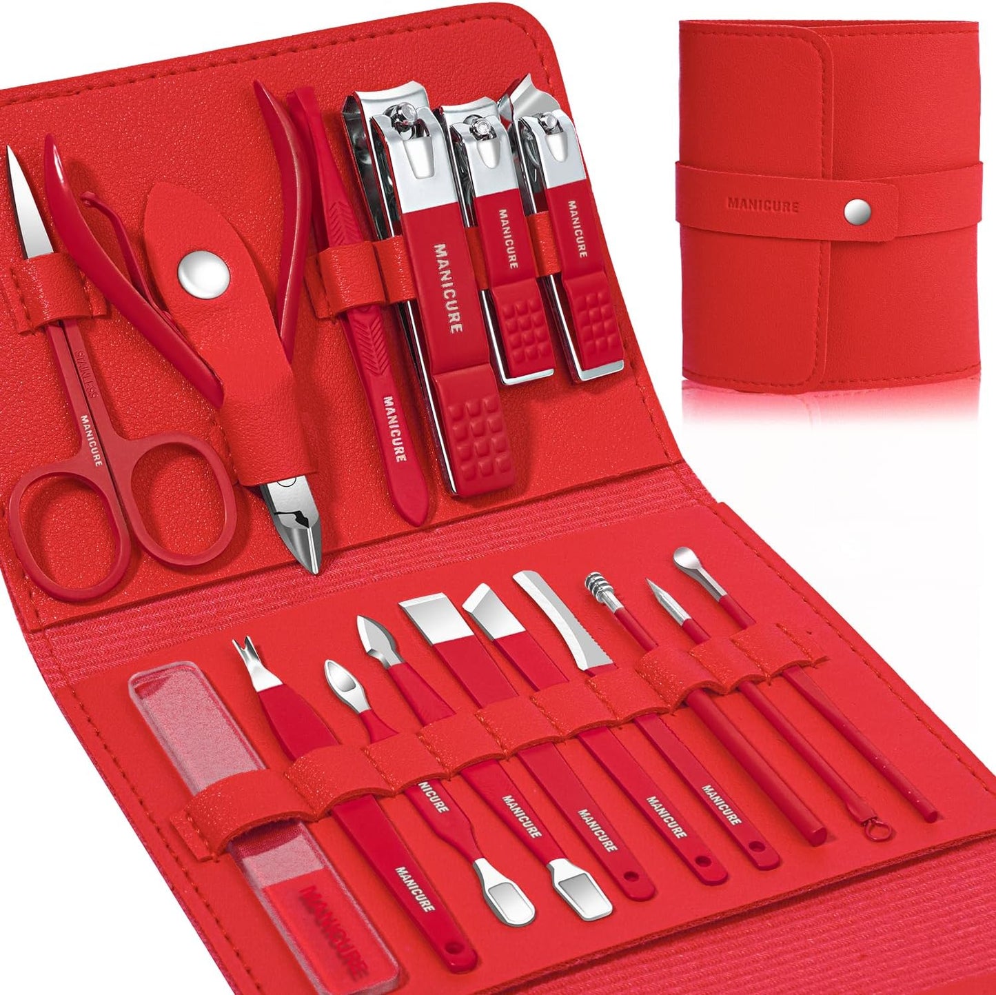 Manicure Set Professional Nail Clippers Pedicure Kit, 16 pcs Stainless Steel Nail Care Tools Grooming Kit with Luxurious Travel Leather Case for Thick Nails Men Women Gift (Black)