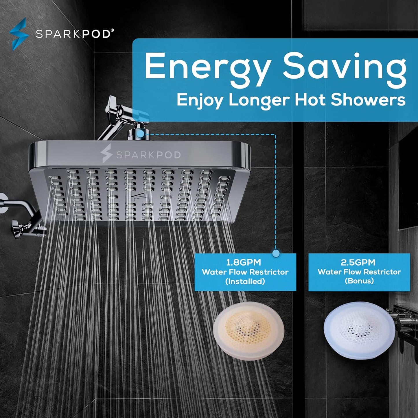 SparkPod Shower Head - High Pressure Rain - Premium Quality Luxury Design - 1-Min Install - Easy Clean Adjustable Replacement for Your Bathroom Shower Heads (Luxury Polished Chrome, 6 Inch Round)