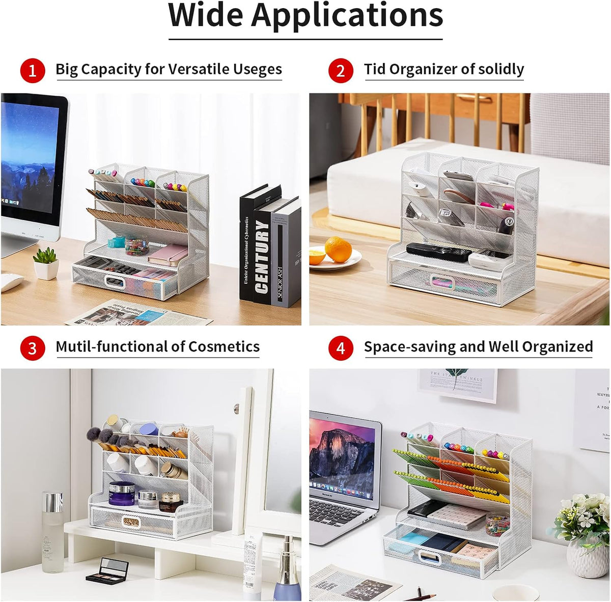 Marbrasse Mesh Desk Organizer, Multi-Functional Pen Holder, Pen Organizer for desk, Desktop Stationary Organizer, Storage Rack for School Home Office Art Supplies (White Mesh Pen Holder with Drawer)