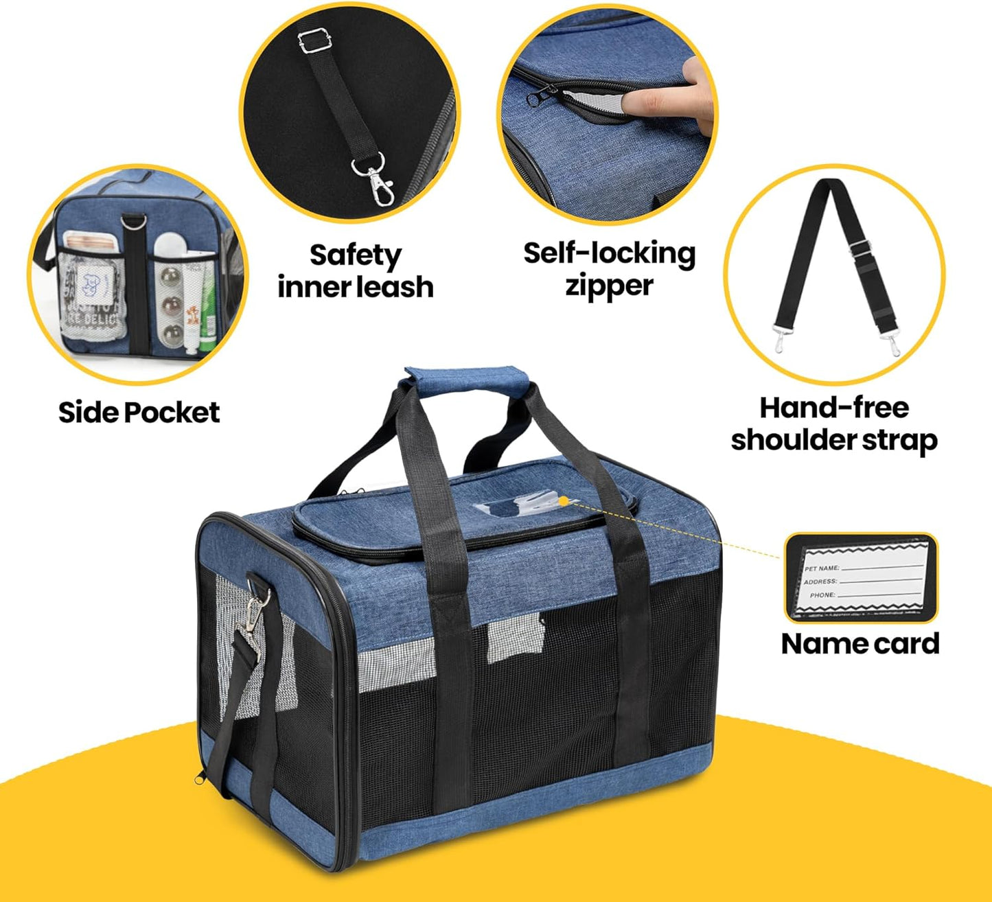 Conlun Cat Carrier Airline Approved, Soft-Sided Dog Carrier with Inner Safety Leash, Pet Transport Carrier for Small-Medium Cats Puppies up to 15 Lbs, Collapsible Travel Kitten Carrier Bag -Black M