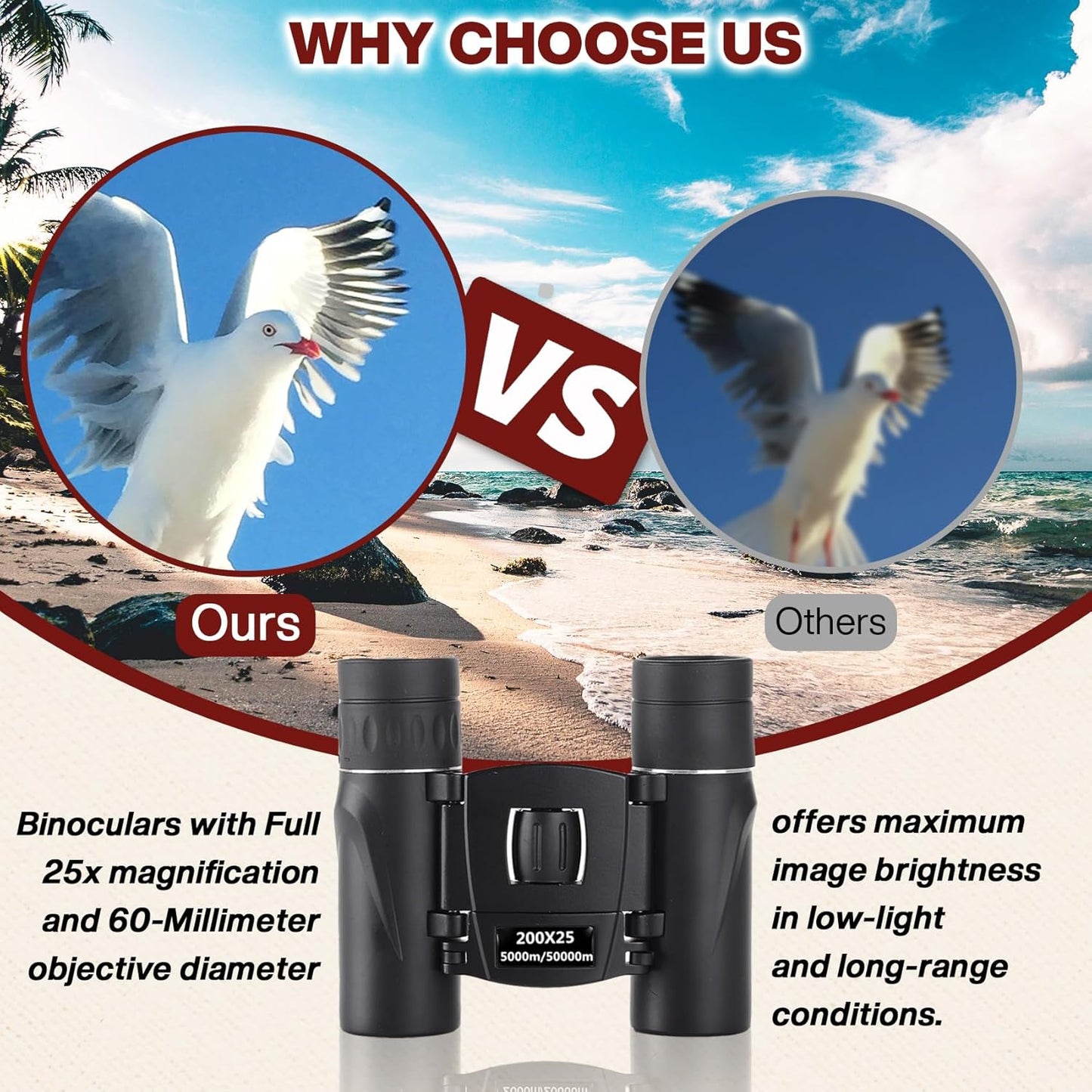 200x25 High Power Compact Binoculars with Clear Low Light Vision, Large Eyepiece Waterproof Binocular for Adults Kids, High Power Easy Focus Binoculars for Bird Watching, Outdoor, Hunting, Travel