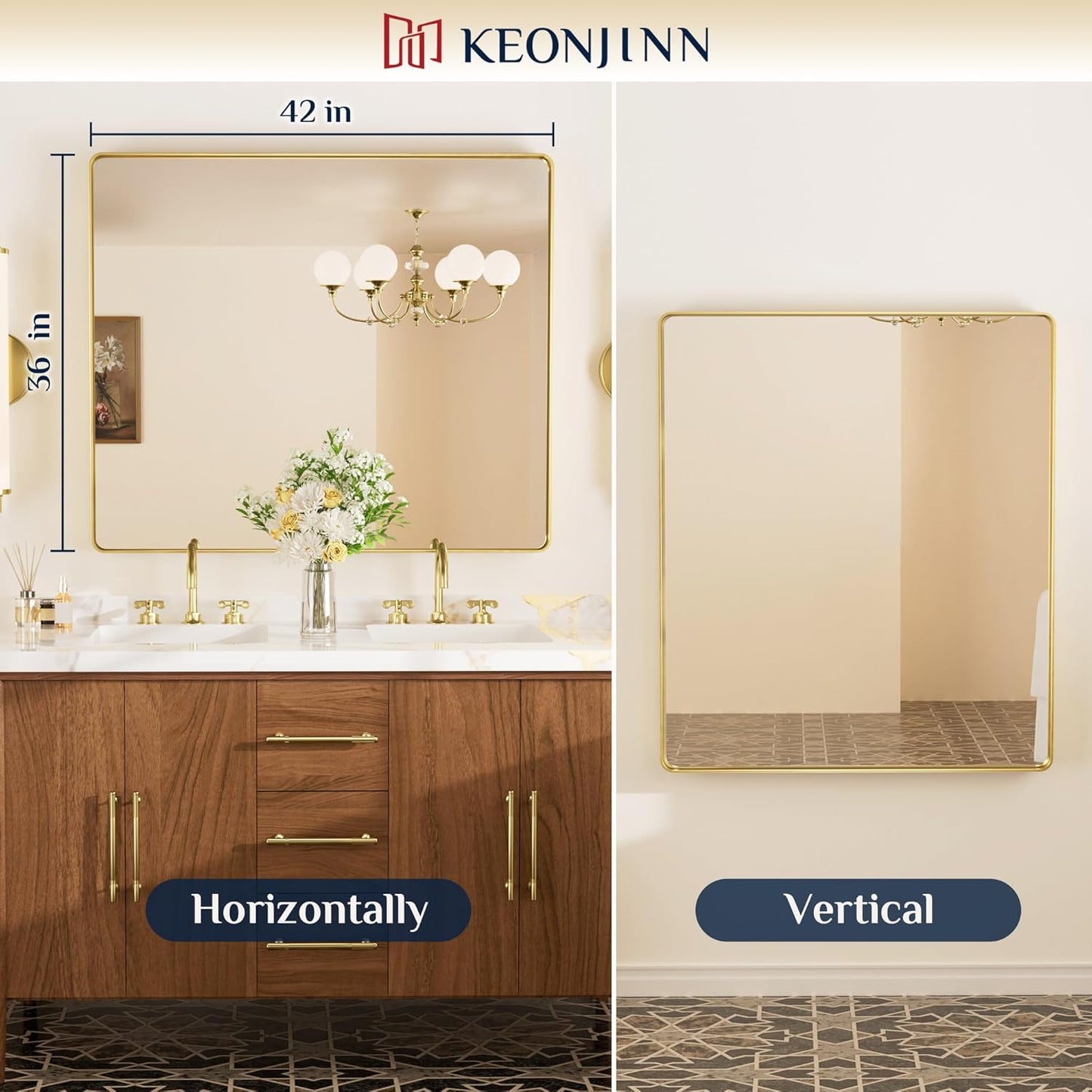 Keonjinn 42 x 36 Brushed Nickel Bathroom Vanity Mirror, Large Rounded Rectangle Bathroom Mirrors for over Sink, Metal Framed Silver Mirror for Wall, Shatterproof HD Tempered Glass(Horizontal/Vertical)