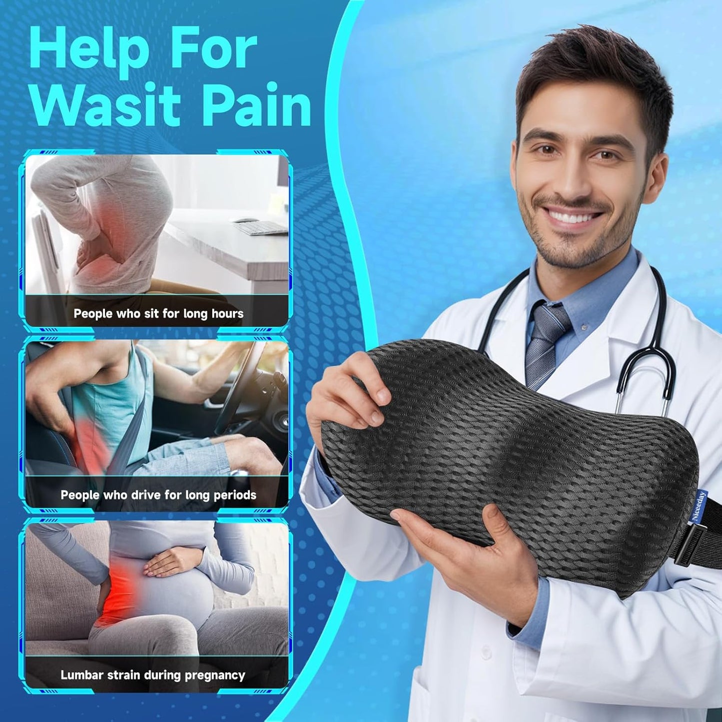 Gel Lumbar Support for Office Chair Back Support for Lower Back Pain Relief Cooling Chair Back Support Cushion Improves Posture Back Rest Memory Foam Back Support Pillow for Gaming Chair, Driving Seat