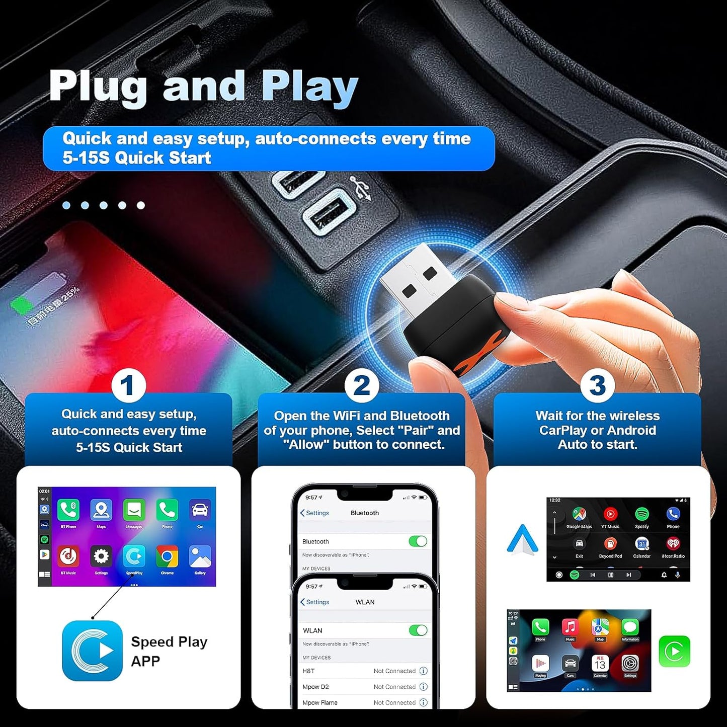 2 in 1 Wireless CarPlay Adaptor & Android Auto Adaptor for iPhone/Android, 2025 Mini Portable Car Dongle for Cars with OEM Wired CarPlay/AA from 2016, Stable Car Control & No Delay