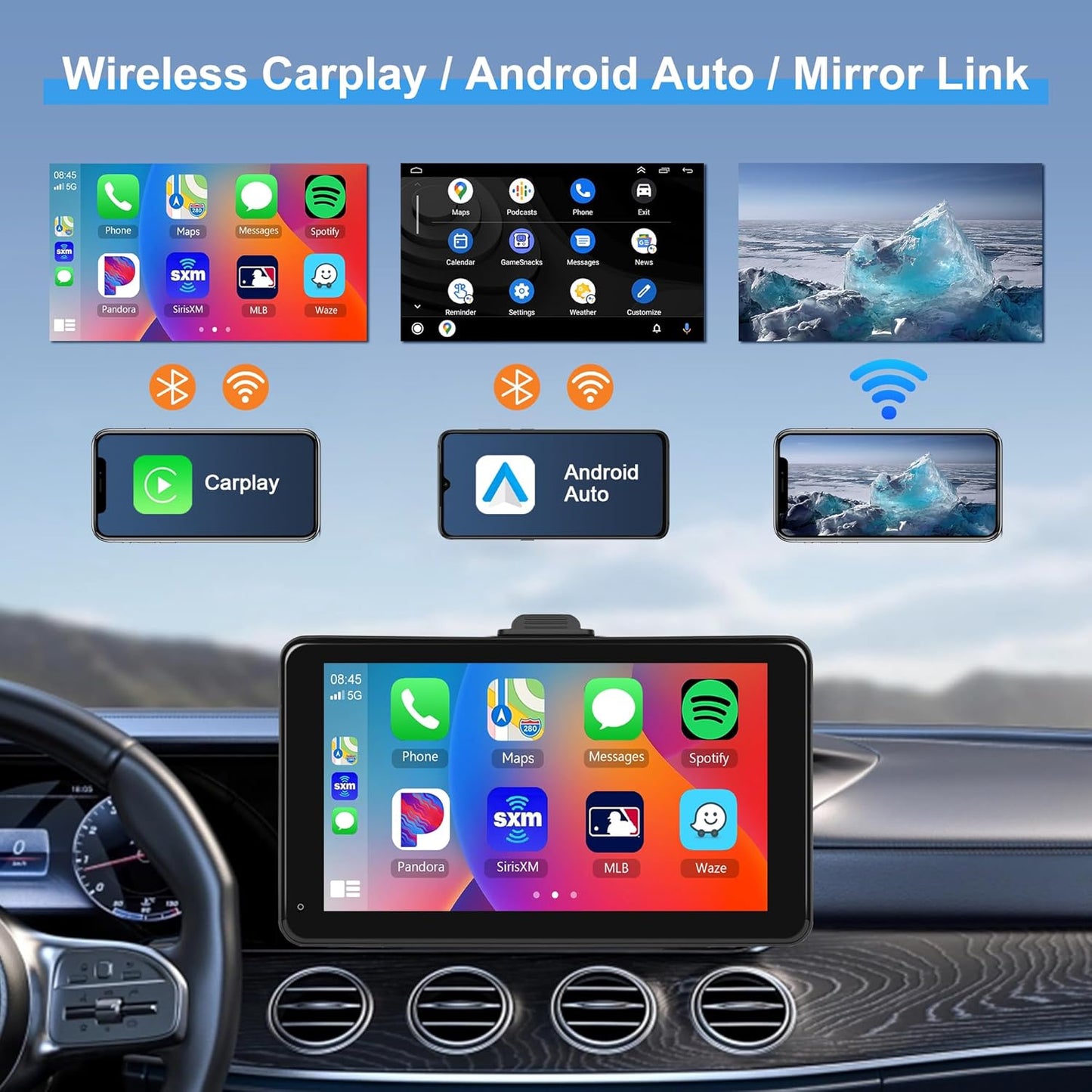 Portable Carplay Screen for Car with Wireless Carplay Android Auto Car Radio, Rimoody 7'' HD Touch Screen Head Unit with Mirror Link, GPS Navigation, Dual Bluetooth, AUX/FM Transmitter, Voice Control
