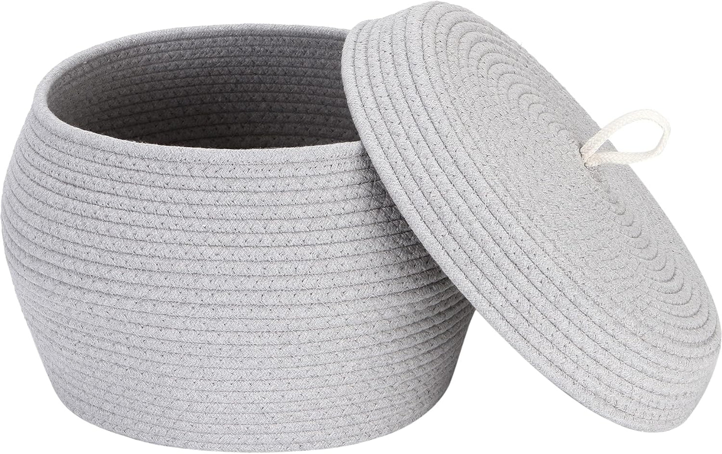 Sea Team Round Cotton Rope Storage Basket with Lid, Decorative Woven Storage Bin, Pot, Caddy, Organizer, Container for Snacks, Towels, Plants (Grey, Small)