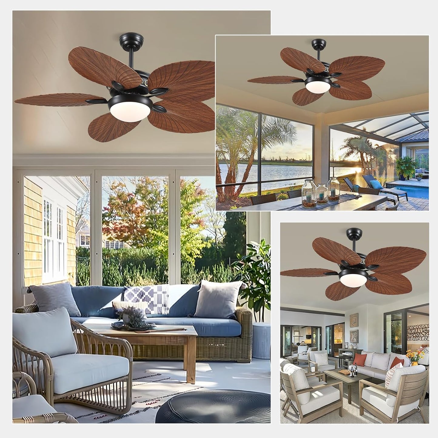 Wiviniya Ceiling Fans with Lights and Remote/APP Control, 44 Inch Tropical Palm Leaf Ceiling Fan with LED Lights, Outdoor Ceiling Fans for Patios Porch, Reversible Quiet Motor, Dimmable, Light Brown
