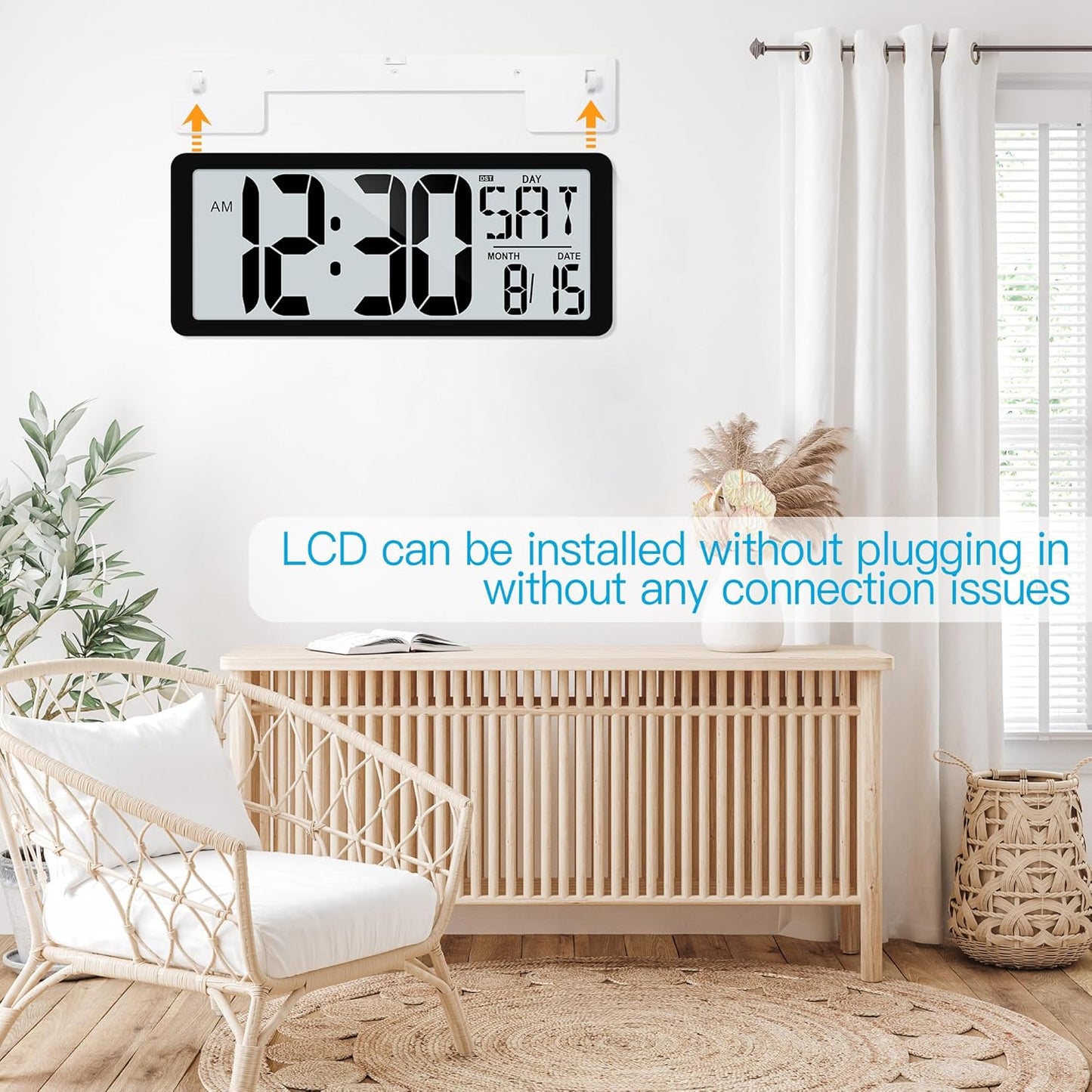 KMMKGG 15" Large Digital Wall Clock Battery Operated, Digital Clock Display with Day, Date & Temperature, Large Wall Clock for Bedroom, Livingroom, Office(4.6" Numbers)