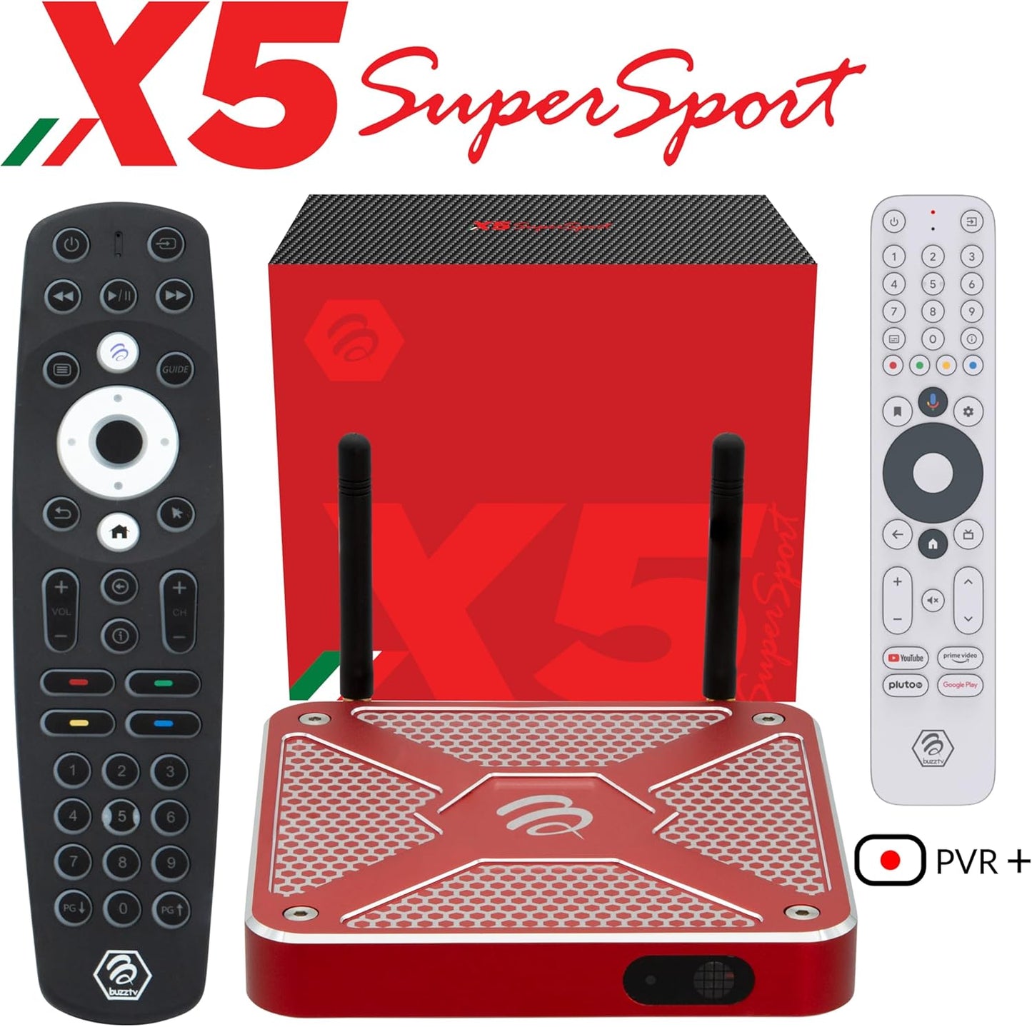 BuzzTV X5 SS Android 13 TV Box, 4GB DDR4 RAM, 128GB Storage, Scarlet Red Aluminum, Dual Voice-Controlled Remote, Wireless AX, USB-C, Global Power Adapters