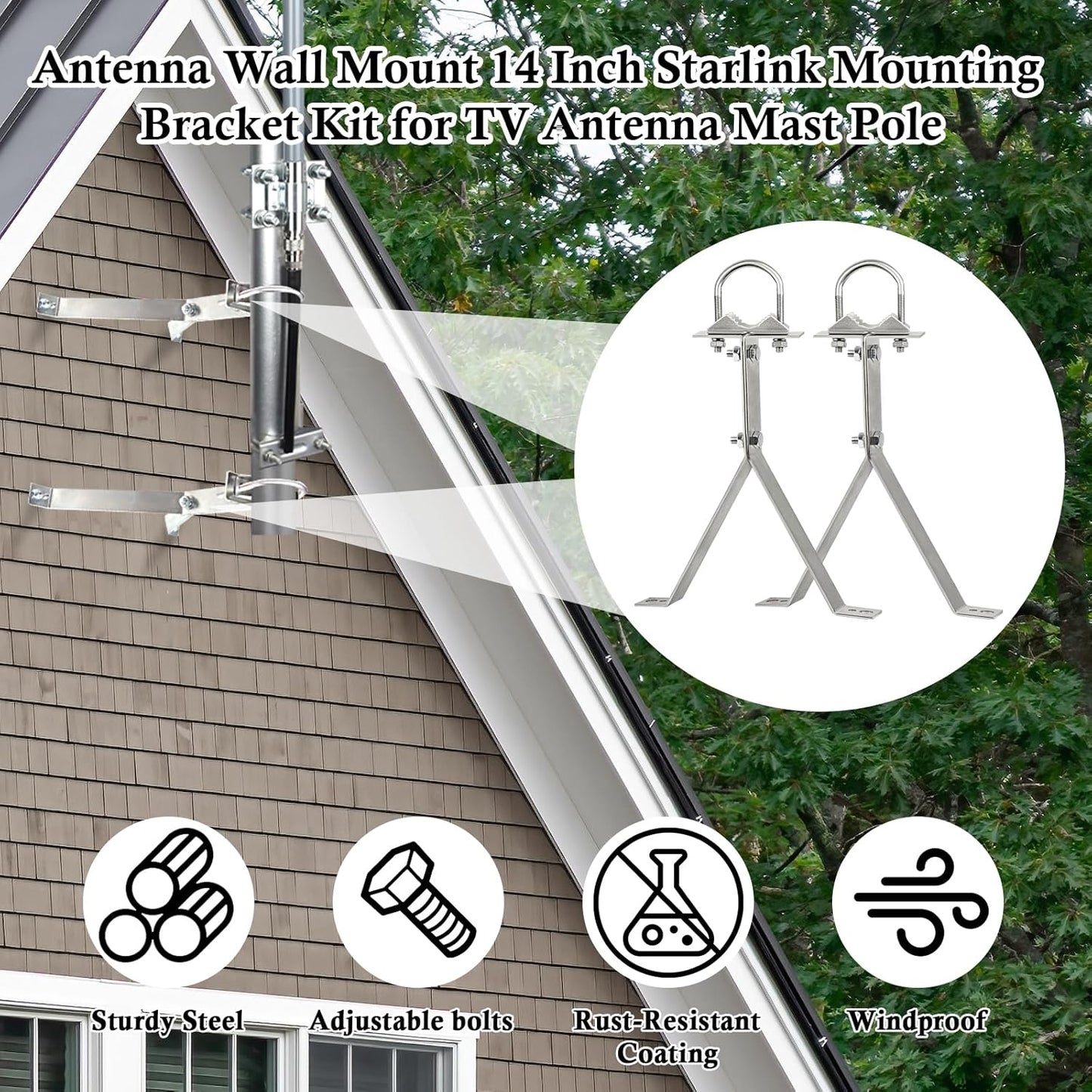 XRDS-RF 16 Inch Heavy-Duty Wall Mount Stand Off Mast for TV Antenna - Windproof Mounting Bracket (2-Leg + 2-Leg)