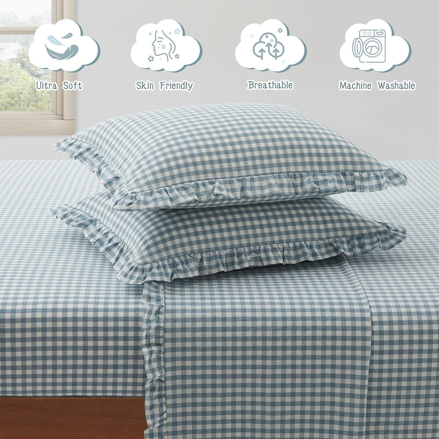 KKJIAF 3 Pieces Plaid Ruffle Twin Bed Sheets, Gingham Twin Sheet Set Comfy Breathable Ruffed Bed Sheet Set with 16 Inch Deep Pocket, Dusty Blue