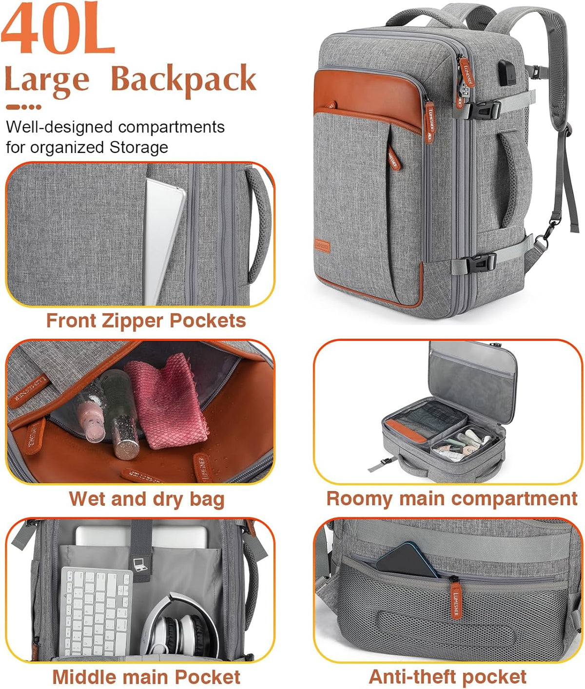 Lumesner Carry on Backpack, Extra Large 40L Flight Approved Travel Backpack for Men & Women - PuriLite