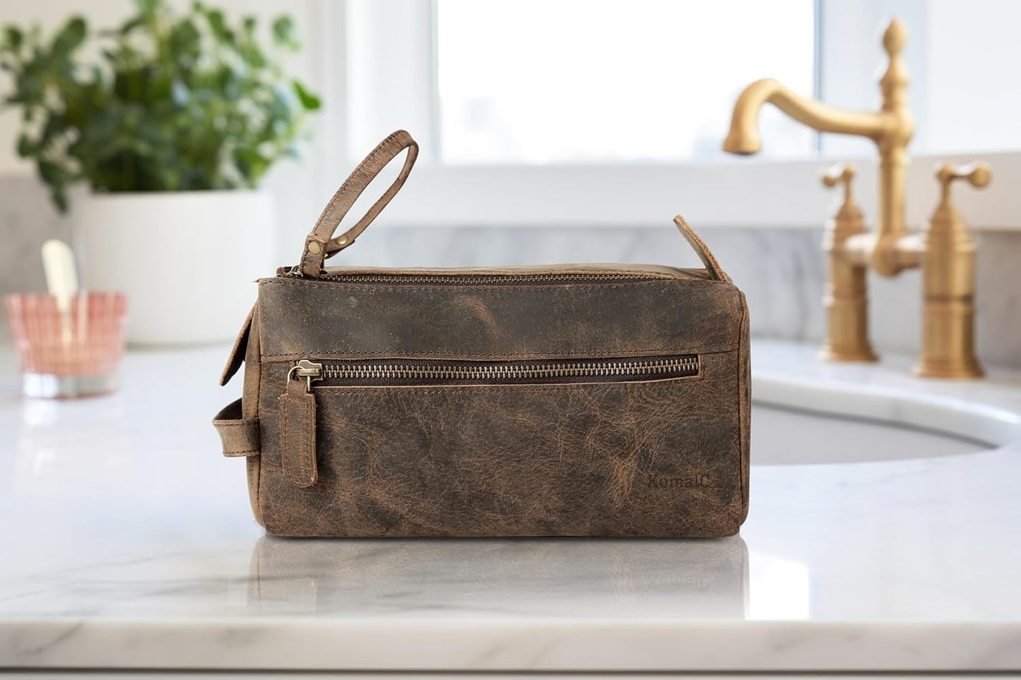 Premium Buffalo Leather Unisex Toiletry Bag Travel Dopp Kit Shaving kit (Distressed Tan)