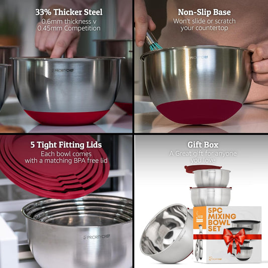 Priority Chef Premium Mixing Bowls with Lids Set, Airtight Lids, Thicker Stainless Steel Mixing Bowl Set, Large Prep Metal Bowls, Nesting Bowls for Kitchen, 1.5/2/3/4/5 Qrt, Red - PuriLite
