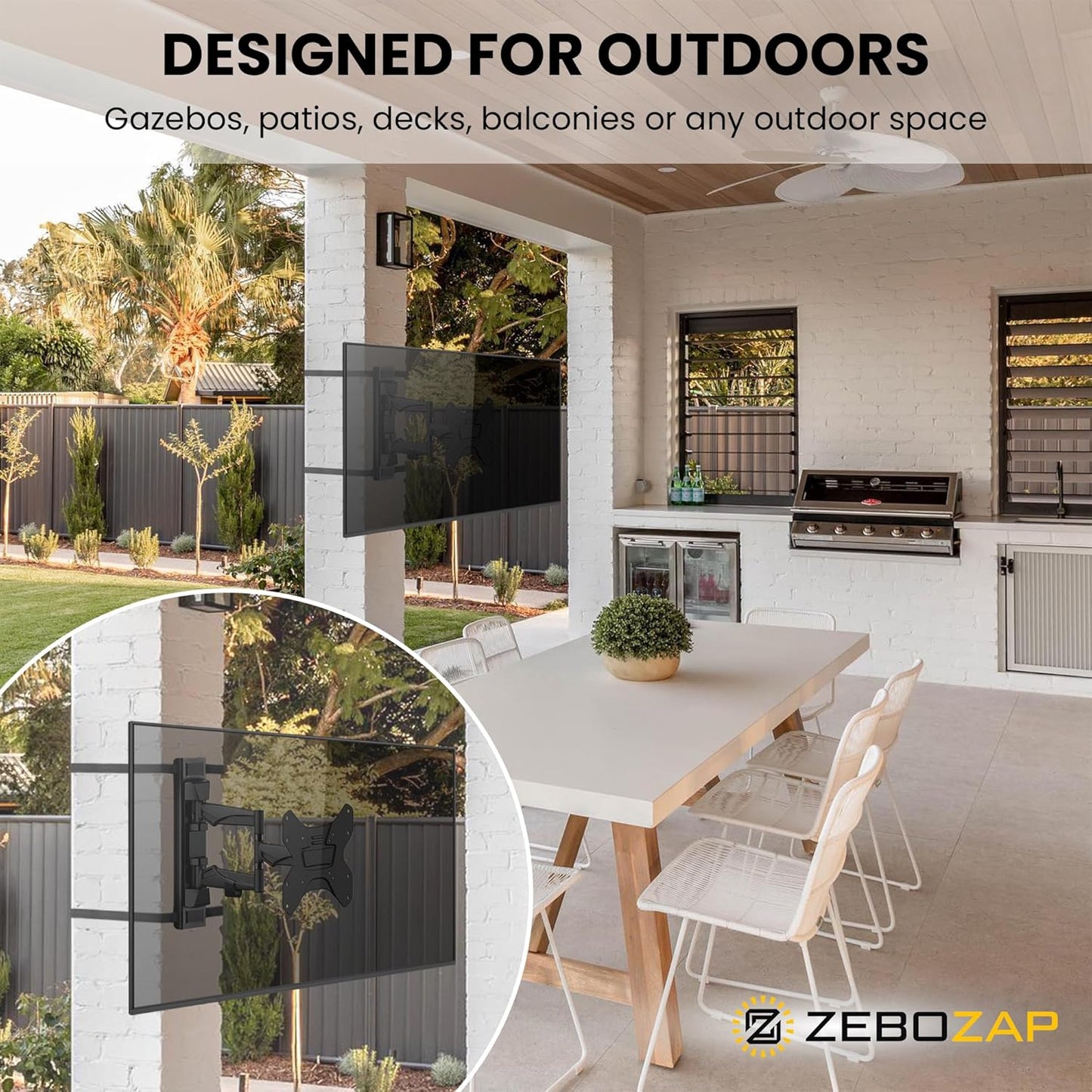 ZeboZap ZZTVC8022 Outdoor Flip Down Ceiling TV Mount | Gazebo TV Mount | Patio TV Mount | Pergola TV Mount | Pitched Roof | Height Adjustable | Under Cabinet| Holds 44lbs | Fits 17-in to 37-in | Black