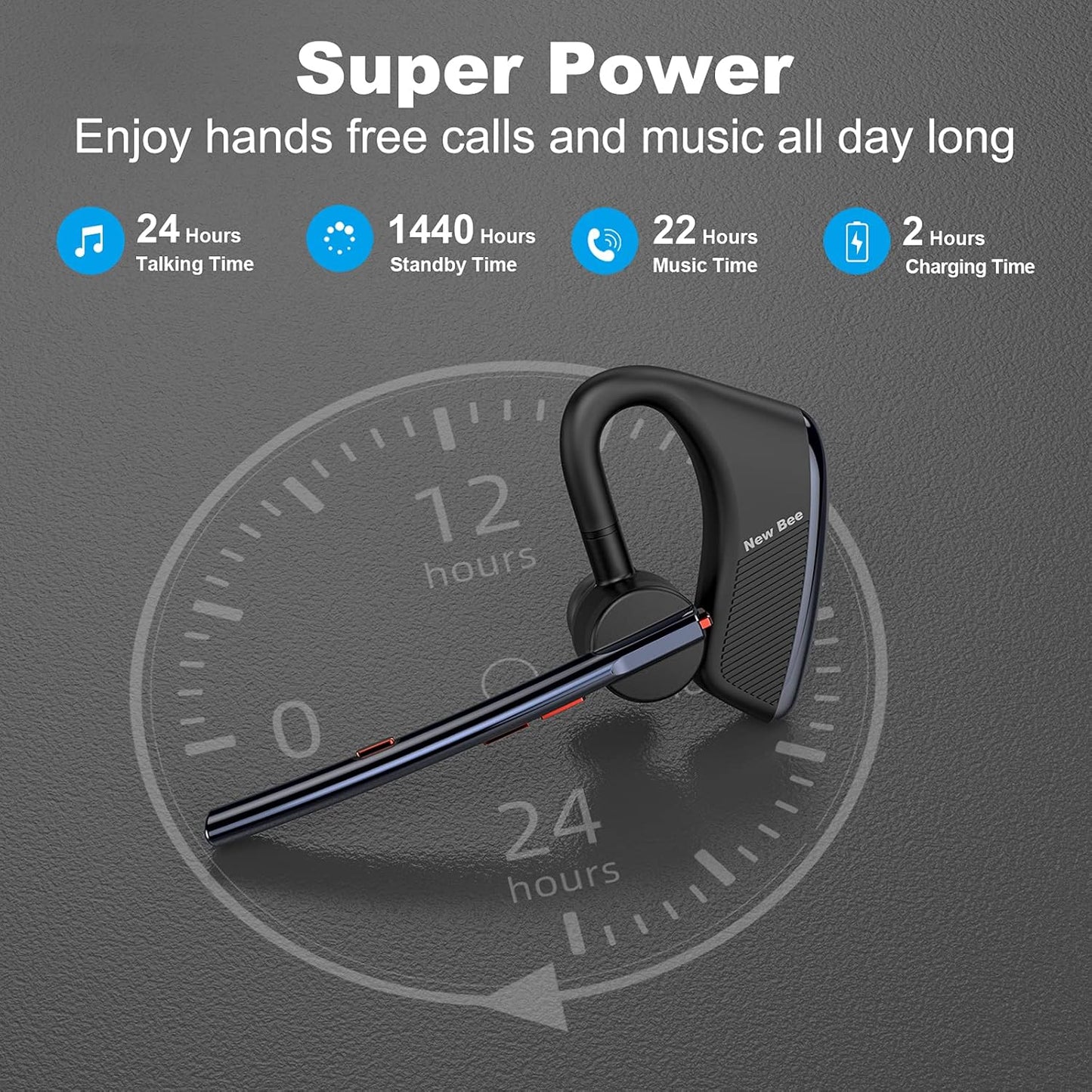 Bluetooth Headset V5.2 New Bee Bluetooth Earpiece CVC8.0 Dual Mic Noise Cancelling Wireless Handsfree 24Hrs Talktime Driving Headset with Mic Mute for iPhone Android Smartphone Business Office