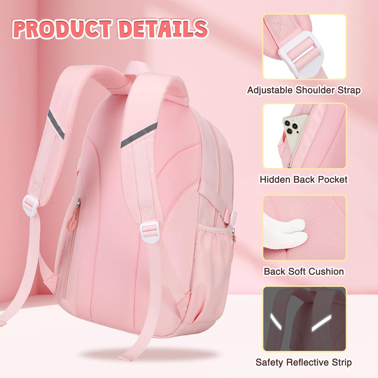 DIGOBAY Girls Backpack, School Backpack for Girls with Lunch Box Pencil Case Set for Teen Kids Girl Elementary Primary Middle High College School Bookbag with Cute Pins Pink