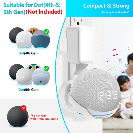 ZUOLACO Wall Mount Holder for Echo Dot 5th Generation, Outlet Wall Mount Stand for Echo Dot 5th/4th Gen, No Screws or Drilling Needed, Space-Saving Dot Accessories with Cable Hidden Storage, White - PuriLite