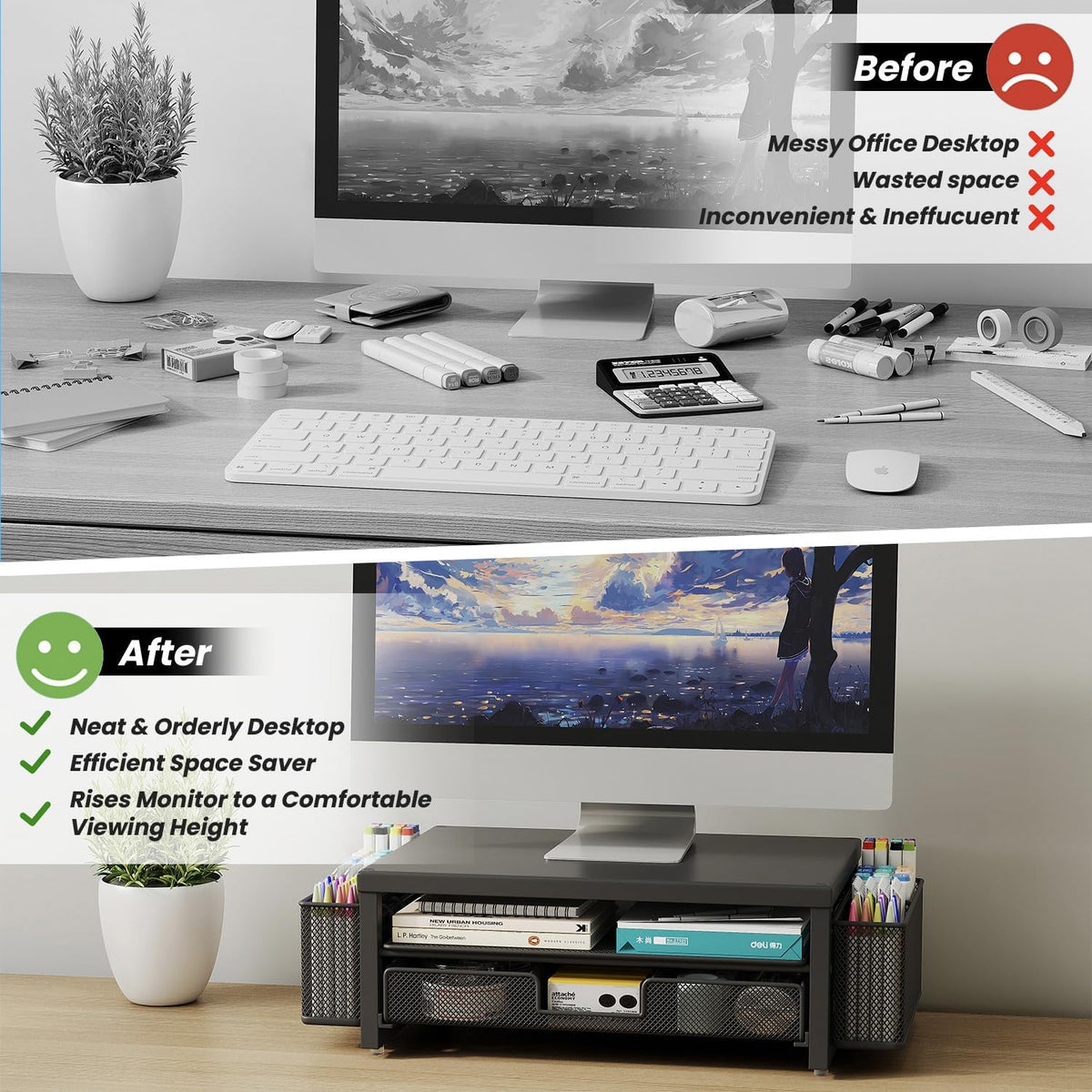 Metal Monitor Stand Riser with Drawer & 2 Pen Holders Storage for Desktop,2 Tier Computer Desk Organizer Stand for Laptop, Computer, iMac(Black)