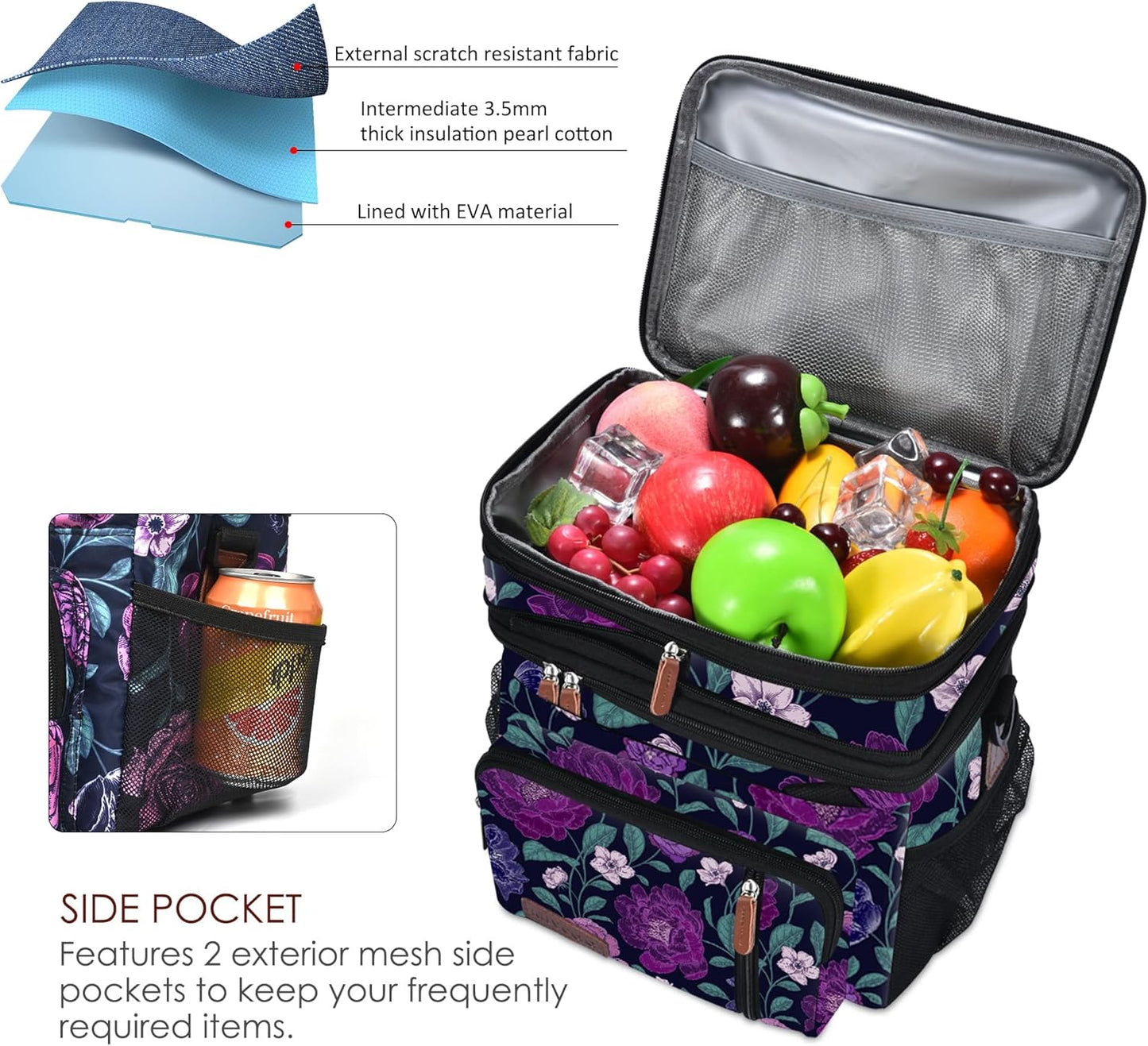 Lunch Bag for Women Men Double Deck Lunch Box - Leakproof Insulated Soft Large Lunch Cooler Bag, MIYCOO (Black,15L)