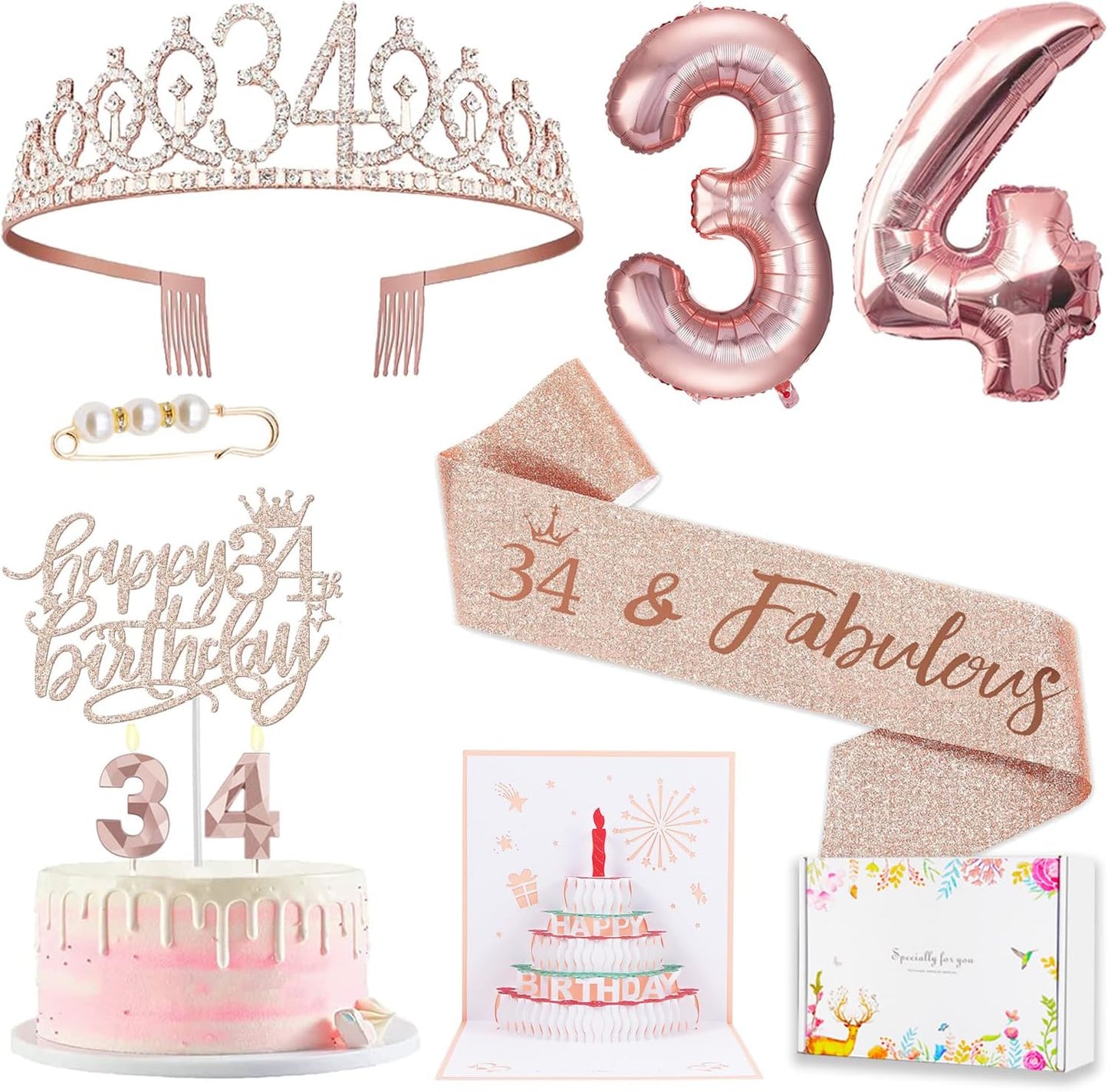 8pcs 40th Birthday Decorations gifts for Women, Including 40th Happy Birthday Cake Topper, Queen Sash with Pearl Pin, Sweet Rhinestone Tiara Crown for Women, Number Candles and Balloons (Rose Gold)