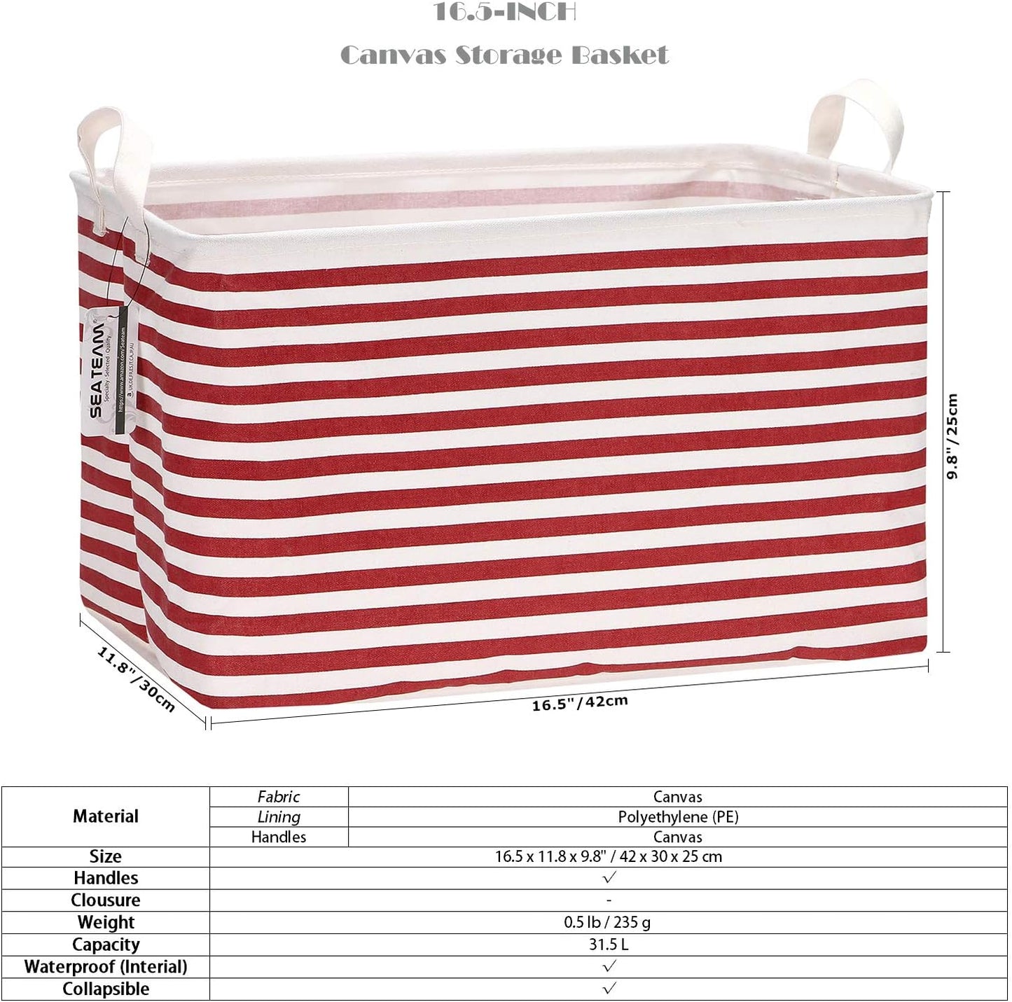 Sea Team 16.5 x 11.8 x 9.8 inches Square Canvas Fabric Storage Bins Shelves Storage Baskets Organizers for Nursery & Kid's Room, Grey Stripe