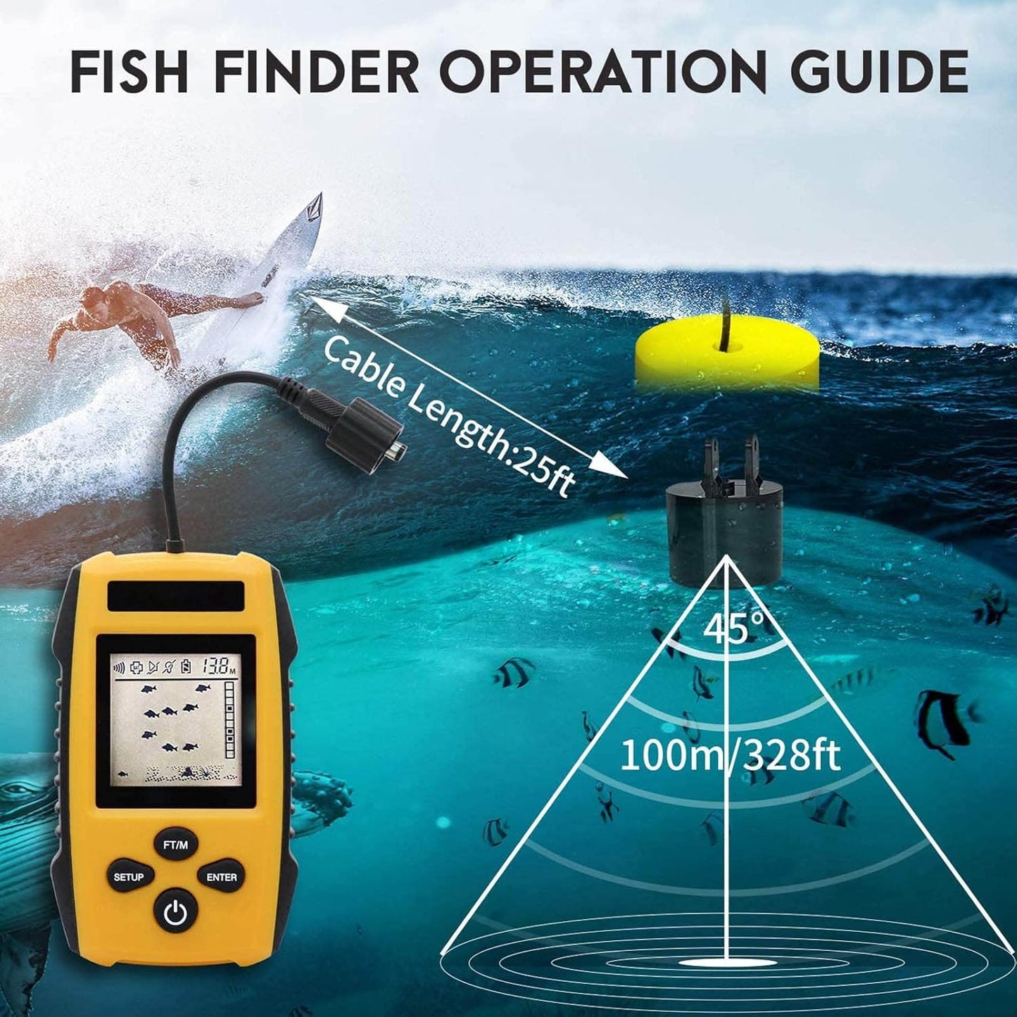 Portable Fish Finder, LCD Display Fish Finder Sonar Sensor,Handheld Fish Depth Finder with Alarm,for Ice Fishing Sea Fishing Kayak Fishing