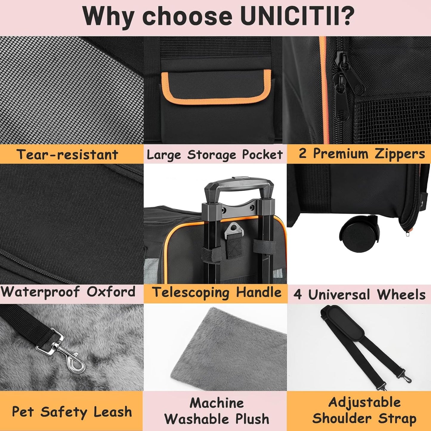 UNICITII Pets Carrier for Small Cat, Dog Medium Cats Puppies up to 20 Lbs, Airline Approved Carrier Soft Sided, Collapsible Travel Puppy Carrier (Grey-with Wheels)