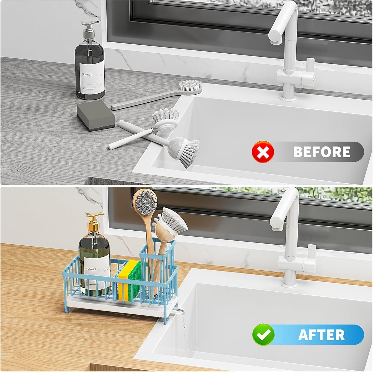 Cisily Sponge Holder for Kitchen Sink, Sink Caddy with High Brush Holder, Organzier Rustproof 304 Stainless Steel Dish Organizer Divider, Soap Dispenser Storage (Black)