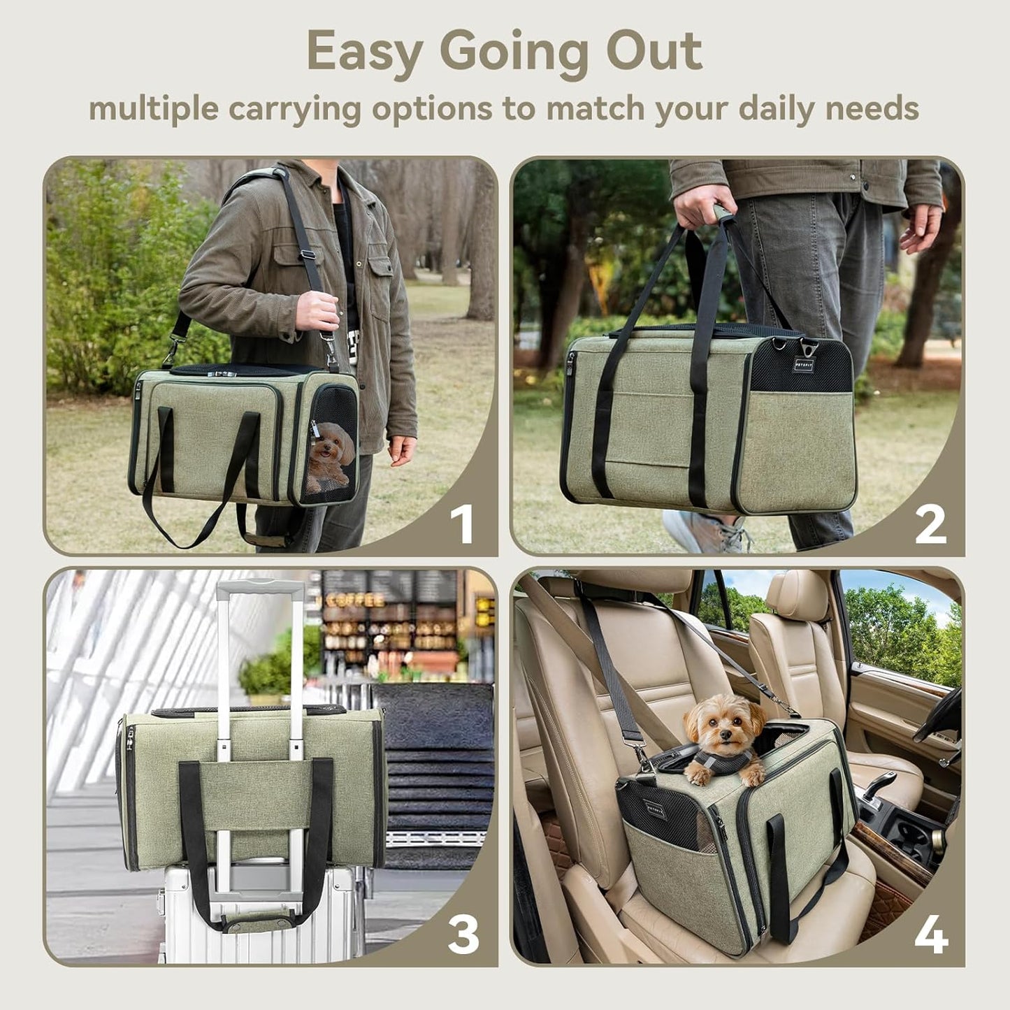 Petsfit Expandable Cat Dog Carrier Airline Approved, 17" L x 11" W x 11" H Soft-Sided Portable Pet Travel Carrier for Kitten, Puppy, Removable Soft Plush Mat and Pockets, Auto-Locking Zippers