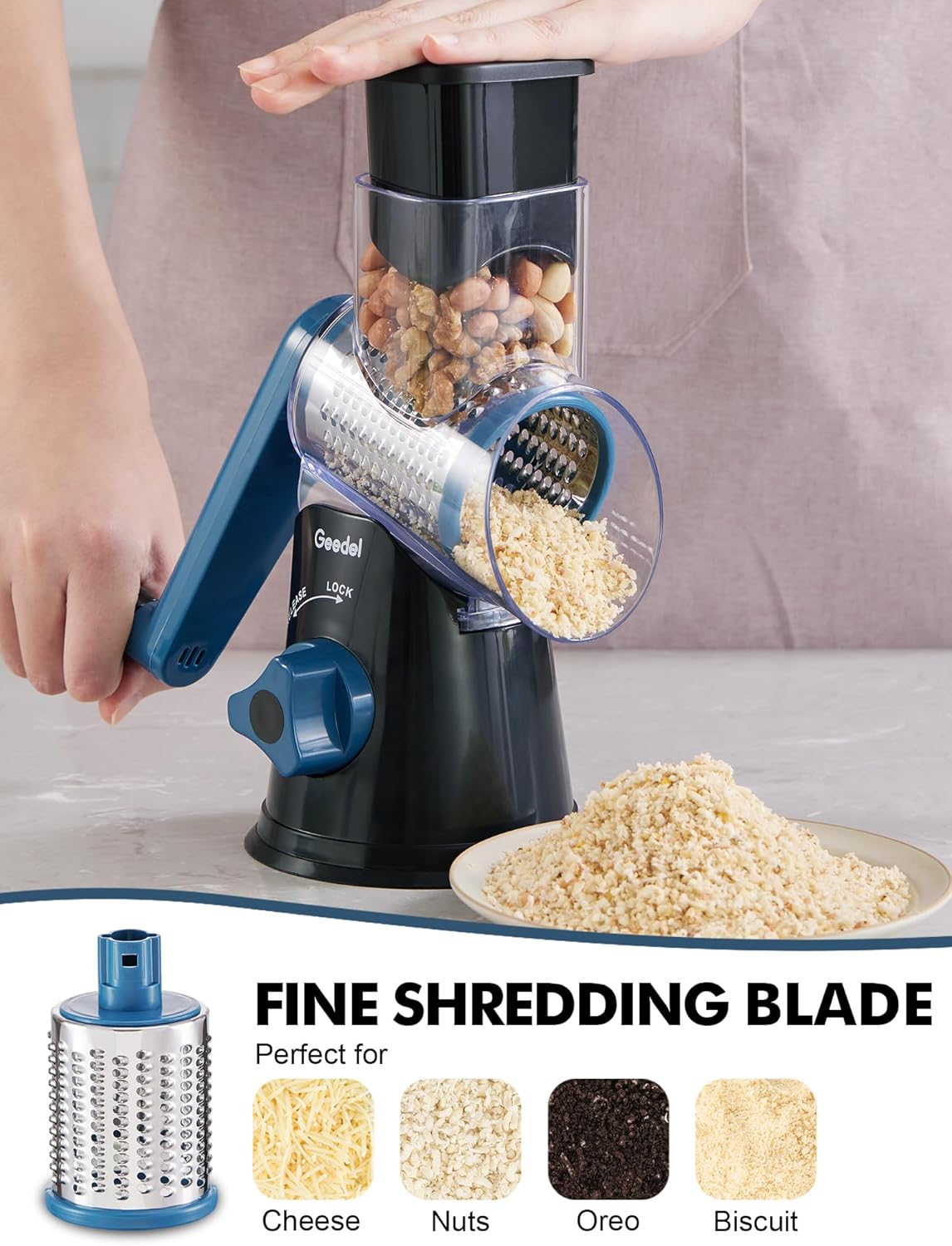 Geedel Kitchen Cheese Grater, Rotary Mandoline Vegetable Slicer with Interchangeable Blades, Easy to Use Rotary Grater Slicer for Fruit, Vegetables, Nuts