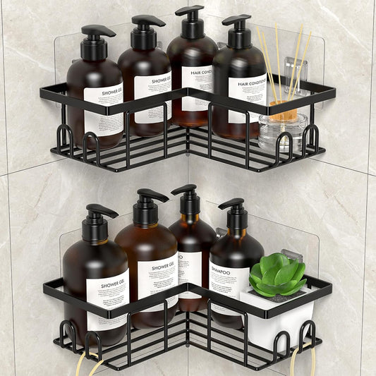 LOOBOV Shower Caddy Corner, Rustproof Shower Shelves, Bathroom Caddy No Drilling, Bathroom Organizers/Storage with Hooks (2 Pack- Black)