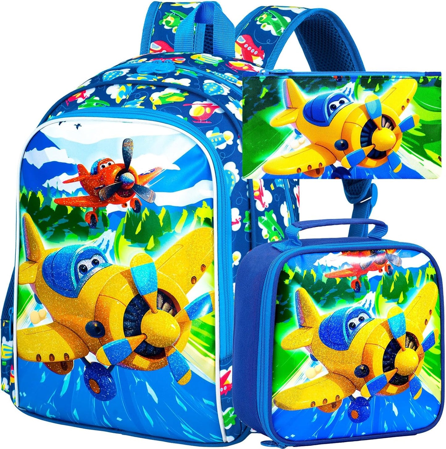 3pcs Backpack for Boys and Girls, 16” Kids Kindergarten Bookbag with Lunch Box, Cute Elementary Backpacks for Boy Girl