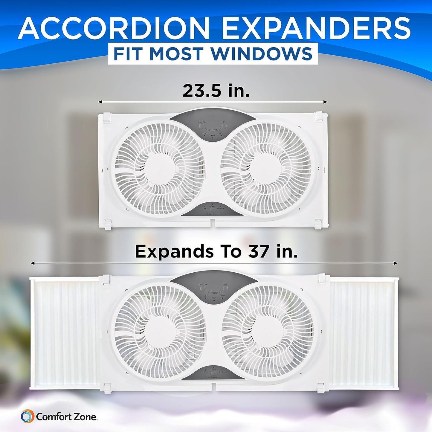 Comfort Zone 9-Inch Window Fan with Dual 3-Speed Fans, Auto-Locking Expanders, 3 Modes (Cool, Circulate, Exhaust), Wi-Fi App Control, Fabric Cover & Bug Screen