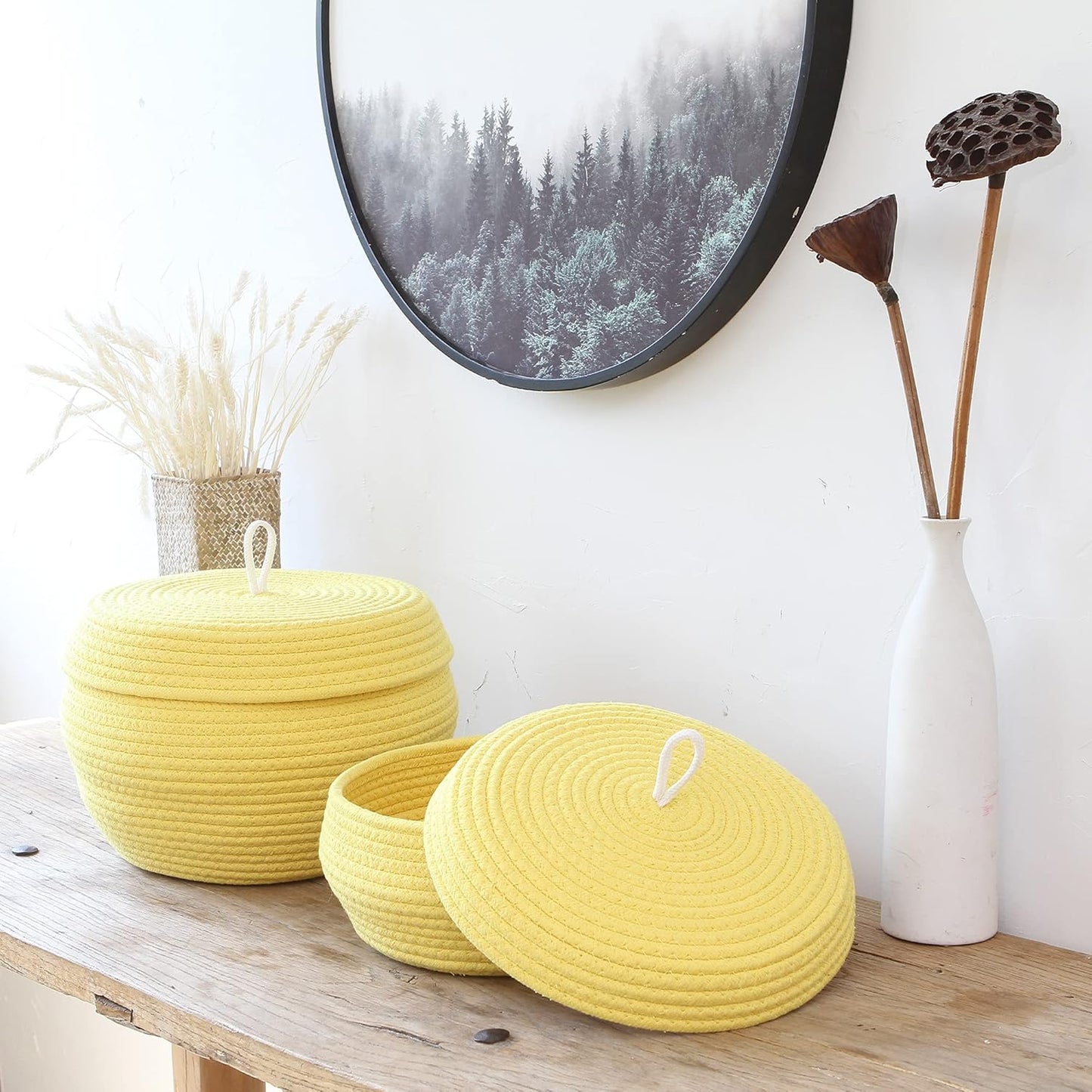 Sea Team Round Cotton Rope Storage Basket with Lid, Decorative Woven Storage Bin, Pot, Caddy, Organizer, Container for Snacks, Towels, Plants (Grey, Small)