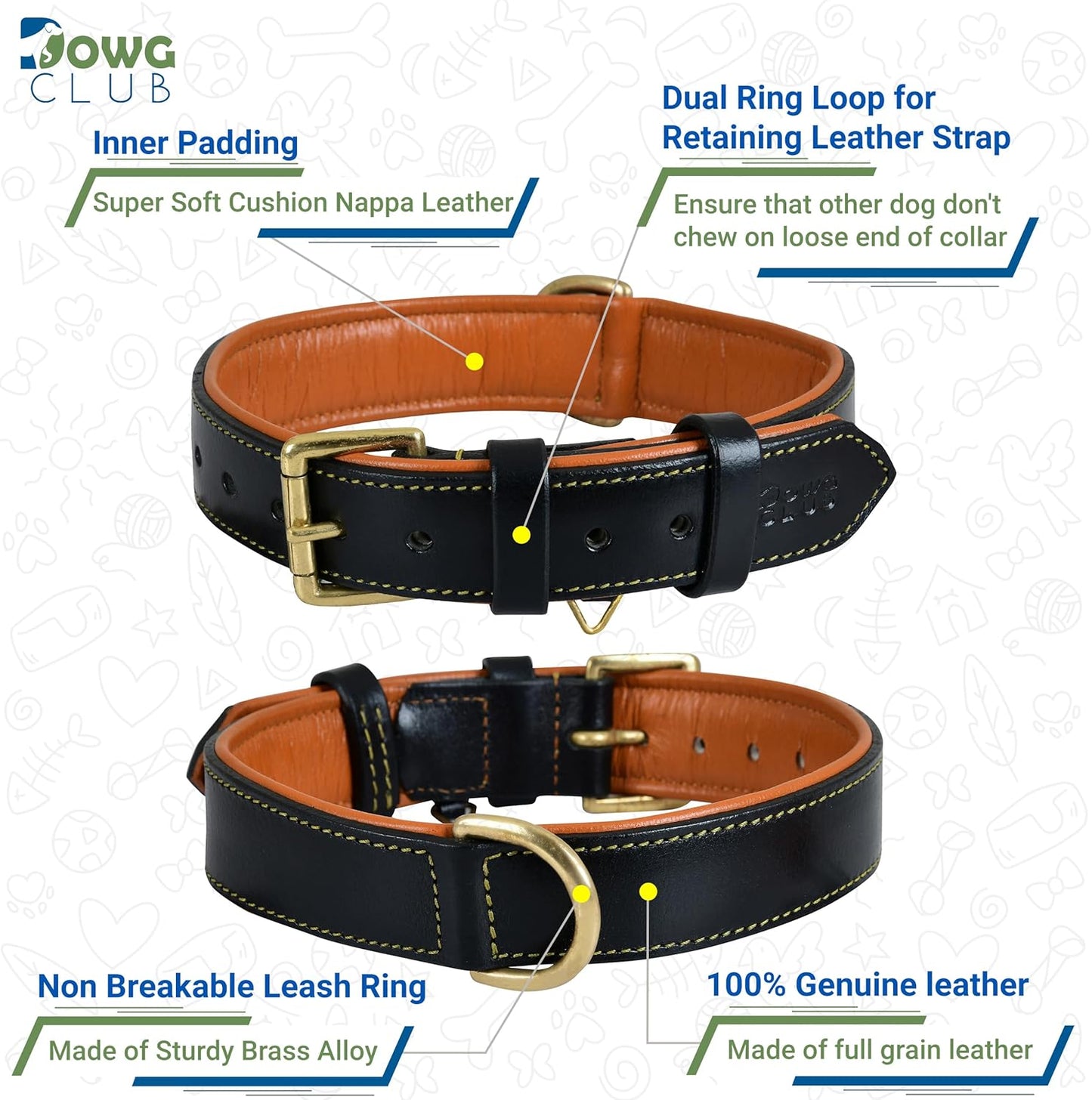 DowgClub | Genuine Leather Dog Collar | Full Grain, Heavy Duty | Comfortable, Strong | Best for Pups, Small, Medium & Large Breeds | Pink, Brown, Black, Tan