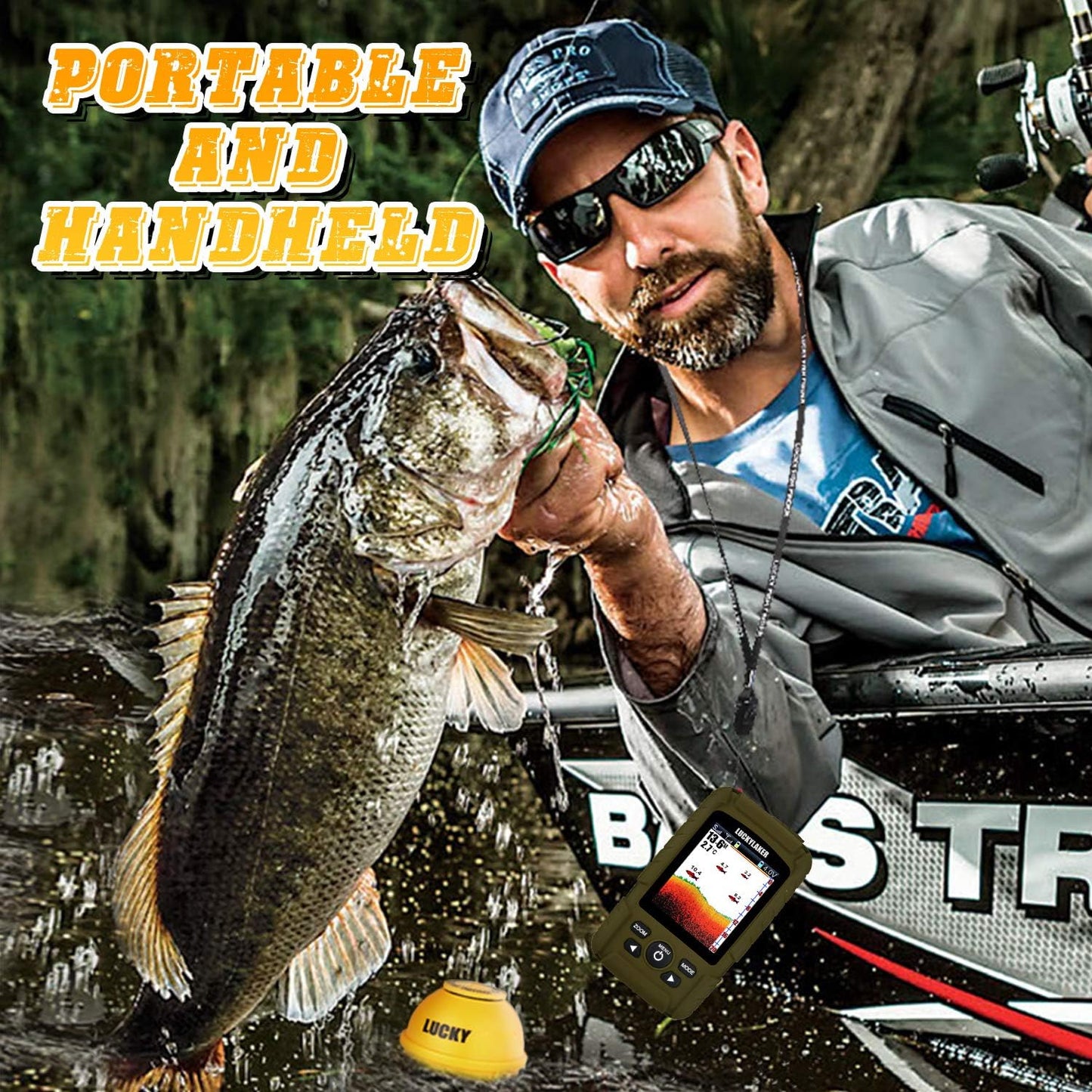 LUCKY Portable Sonar Fish Finder Boat Depth Fishing Fish Finders Waterproof Handheld Wireless Fishing Finder Kayak Transducer Depth Finders for Ice Fishing Sea