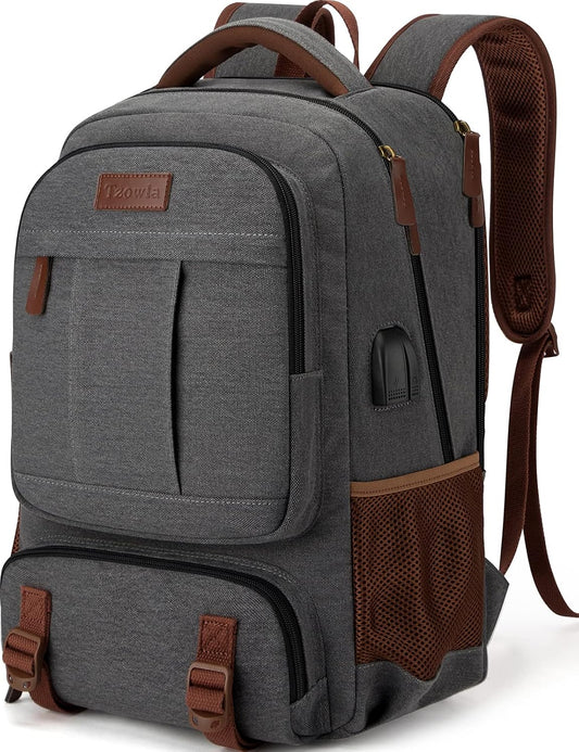 Tzowla Canvas Laptop Backpack Men,Bag for Women,School Travel College Work Rucksack Fits 15.6 Inch Laptop,Bookbag with USB Charging Port,Dark Grey - PuriLite