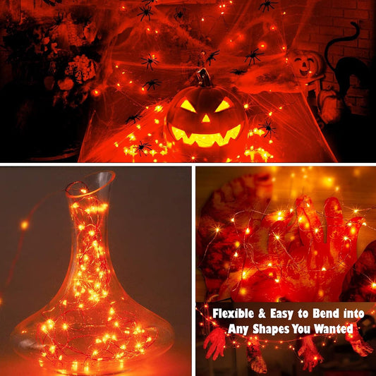 LYHOPE Orange Halloween Lights, 2 Pack 33ft 100 Led Battery Operated Halloween Lights, Waterproof 8 Modes with Remote Copper Wire String Lights for Halloween Holiday Party Carnival Decorations