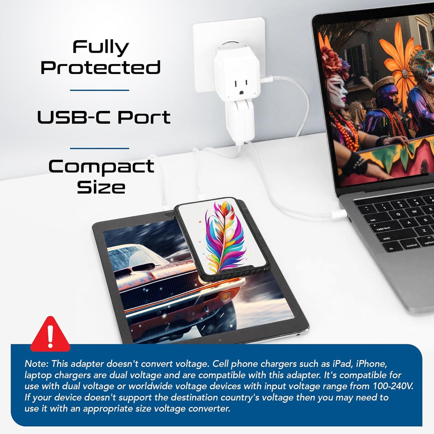 Ceptics Universal Travel Adapter kit, Dual USB (QC 3.0) + 2 US outlets + USB-C Cable, Use with Chargers, Cell Phones, Laptops, 6 Plug attachments for Worldwide use (Does Not Convert Voltage) (WPS-2B)