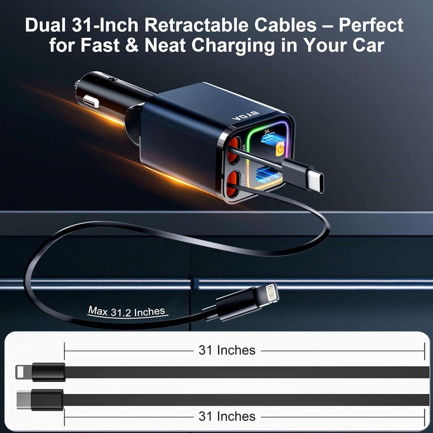 4 in 1 Retractable Car Charger,69W Fast Charging USB C for iPhone 16/15/14/13/12,iPad,Android,Galaxy,Pixel,Cigarette Lighter Adapter (Light-ning+USB-C)