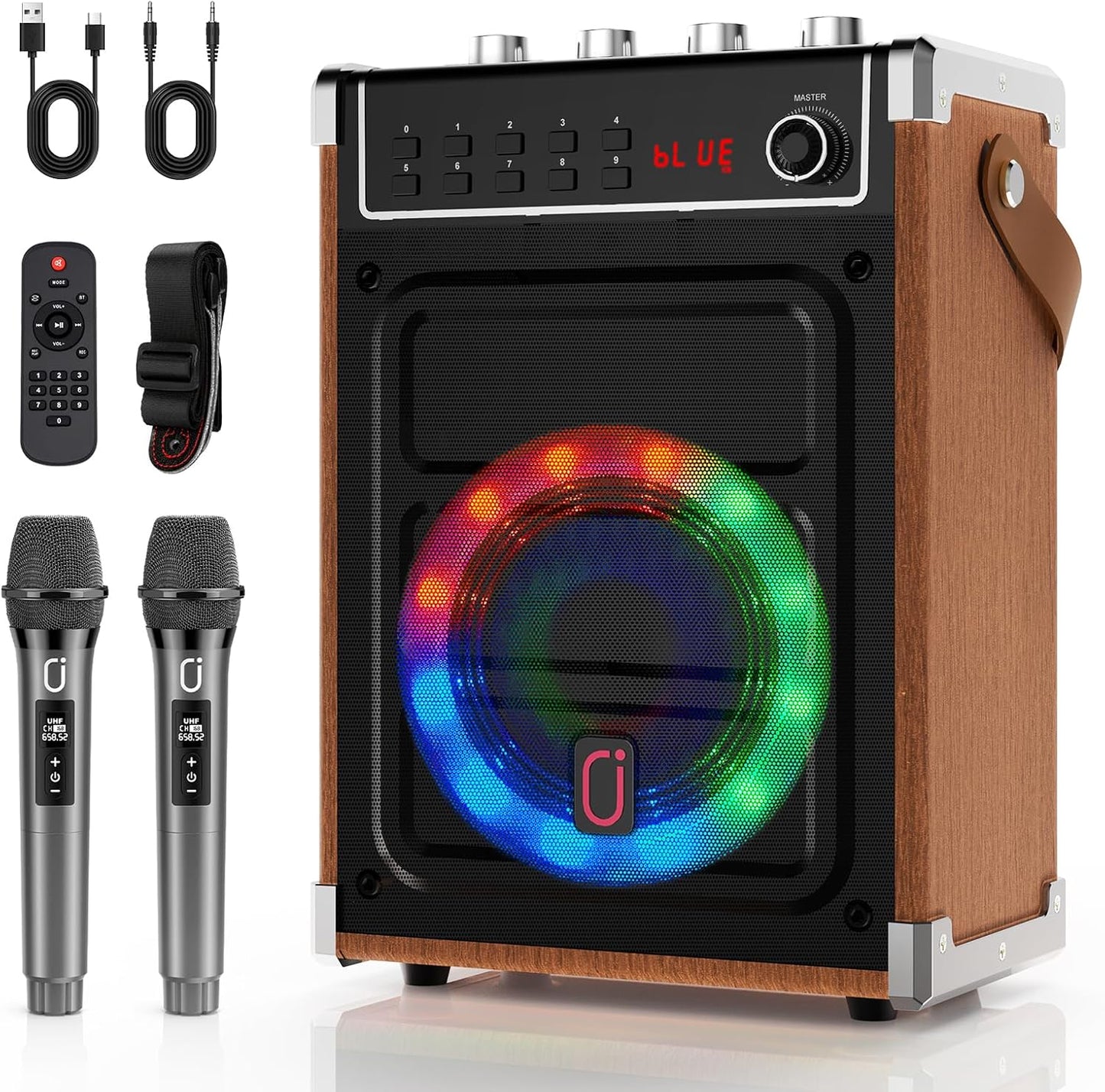 JYX Karaoke Machine with Two Wireless Microphones, Portable Bluetooth Speaker with Bass/Treble Adjustment, Remote Control and LED Lights, Supports TF Card/USB, AUX in, FM, REC for Party