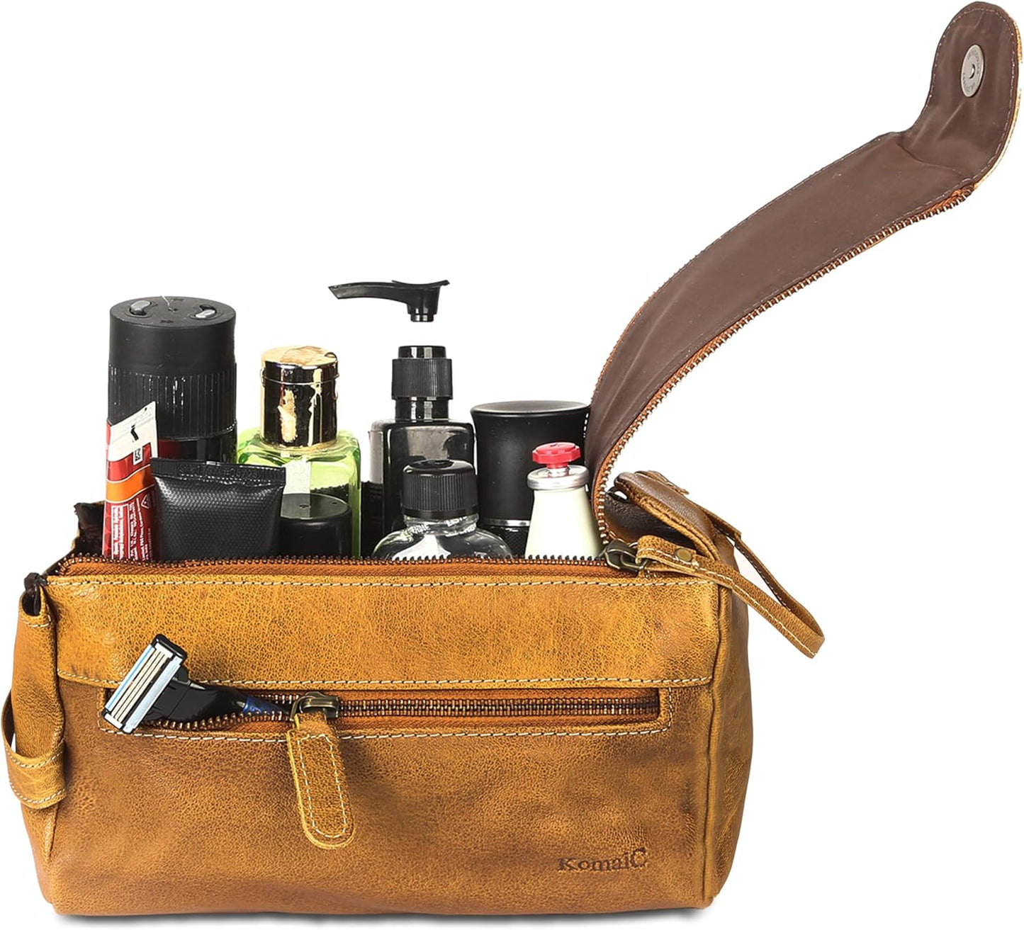 Premium Buffalo Leather Unisex Toiletry Bag Travel Dopp Kit Shaving kit (Distressed Tan)