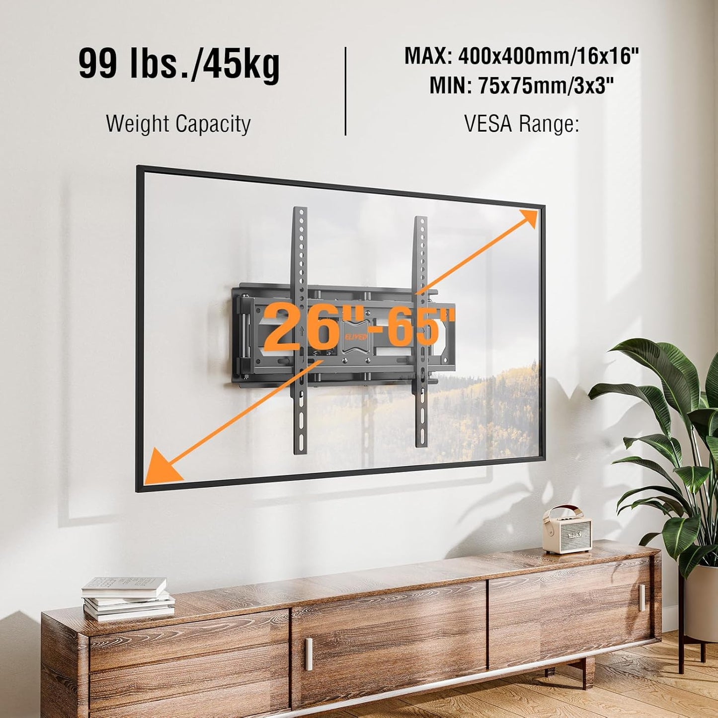 ELIVED UL Listed TV Wall Mount for Most 26-65 Inch tvs, Full Motion TV Mount with Swivel and Tilt, Wall Mount Bracket Max VESA 400x400mm, Holds up to 99 lbs.