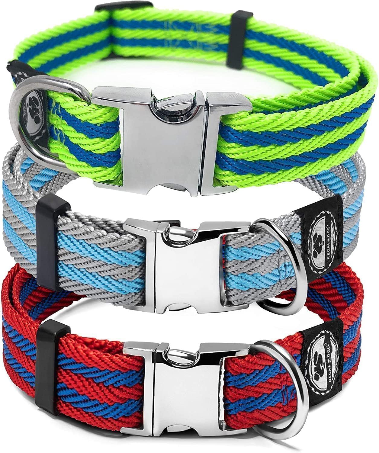 Regal Dog Products Pet Collar with Metal Buckle and D Ring | Durable Dog Collar with Reinforced Metal Clasp and Nylon Webbing Adjustable Dog Collar to fit for Large Dogs (Large, Blue/Gray Stripe)