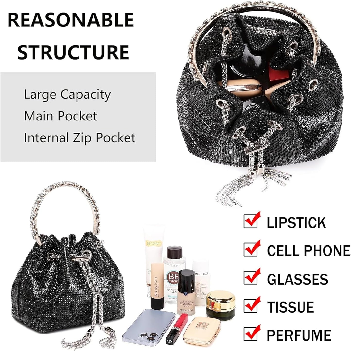 Rhinestone Purse for Women Sparkly Rhinestone Bag Evening Bag Silver Clutch Purses Bling Crossbody Bags for Women