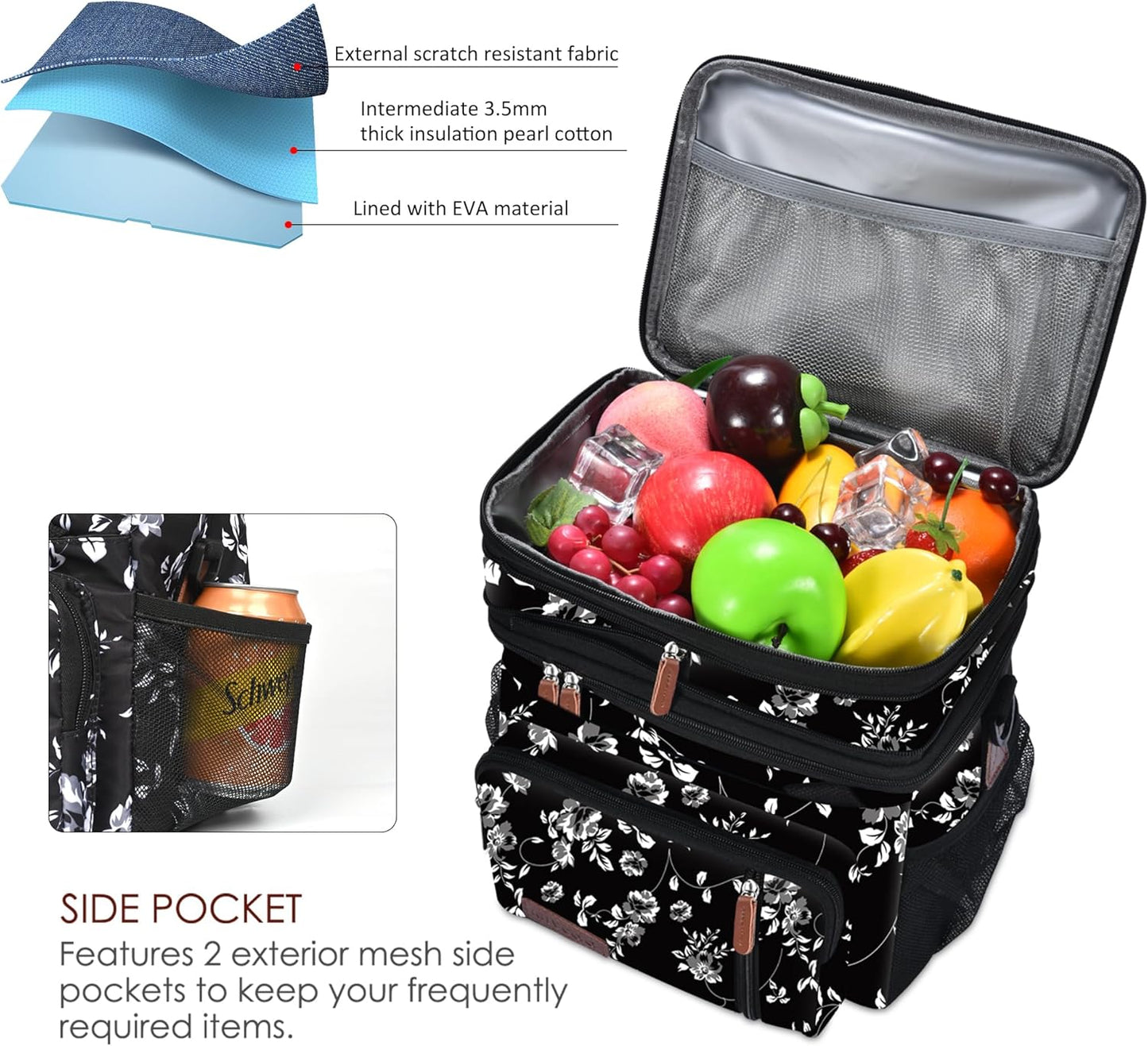 Lunch Bag for Women Men Double Deck Lunch Box - Leakproof Insulated Soft Large Lunch Cooler Bag, MIYCOO (Black,15L)