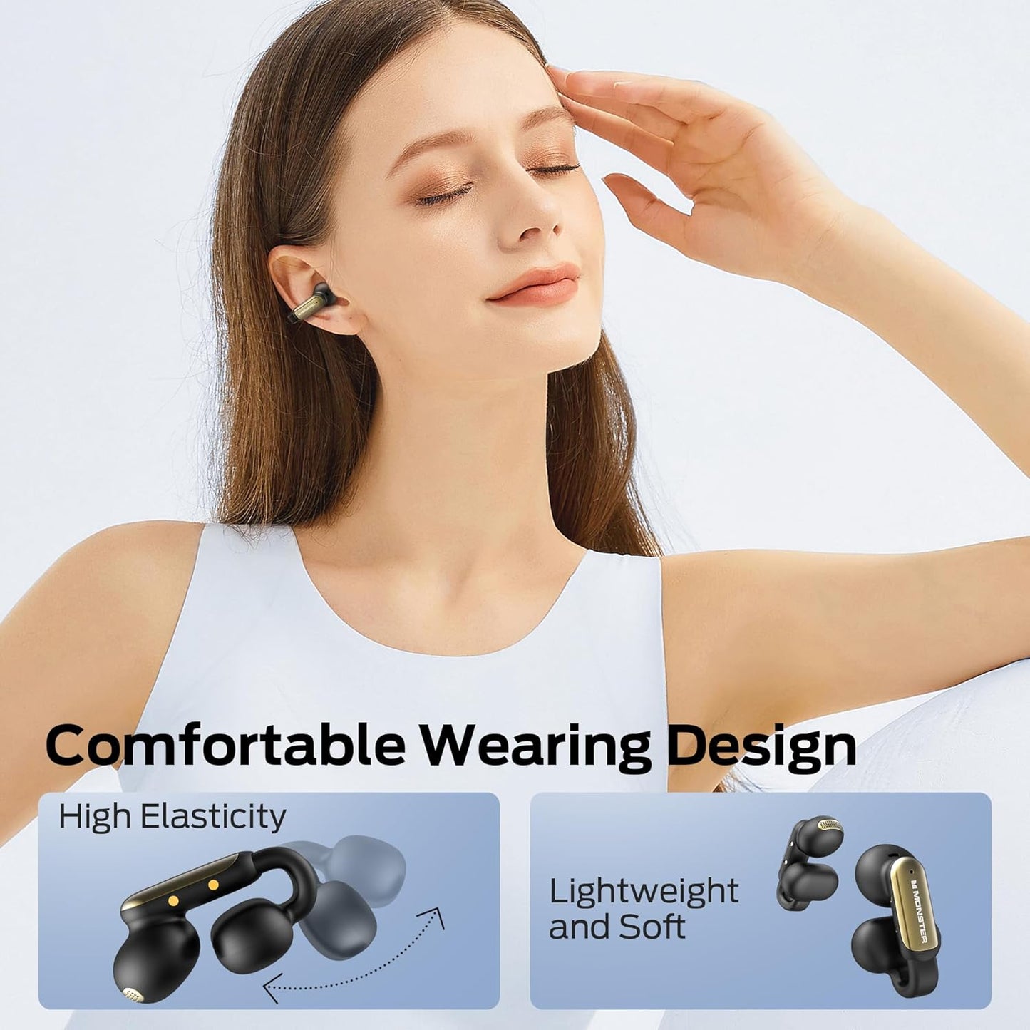 Monster Open AC601 Wireless Earbuds, Bluetooth 5.4 Earbuds with ENC, Crystal Clear Call, USB-C Charging, IPX5 Waterproof Wireless Clip-on Earbuds, 32H Playback Ultra Long Battery Life (Black)
